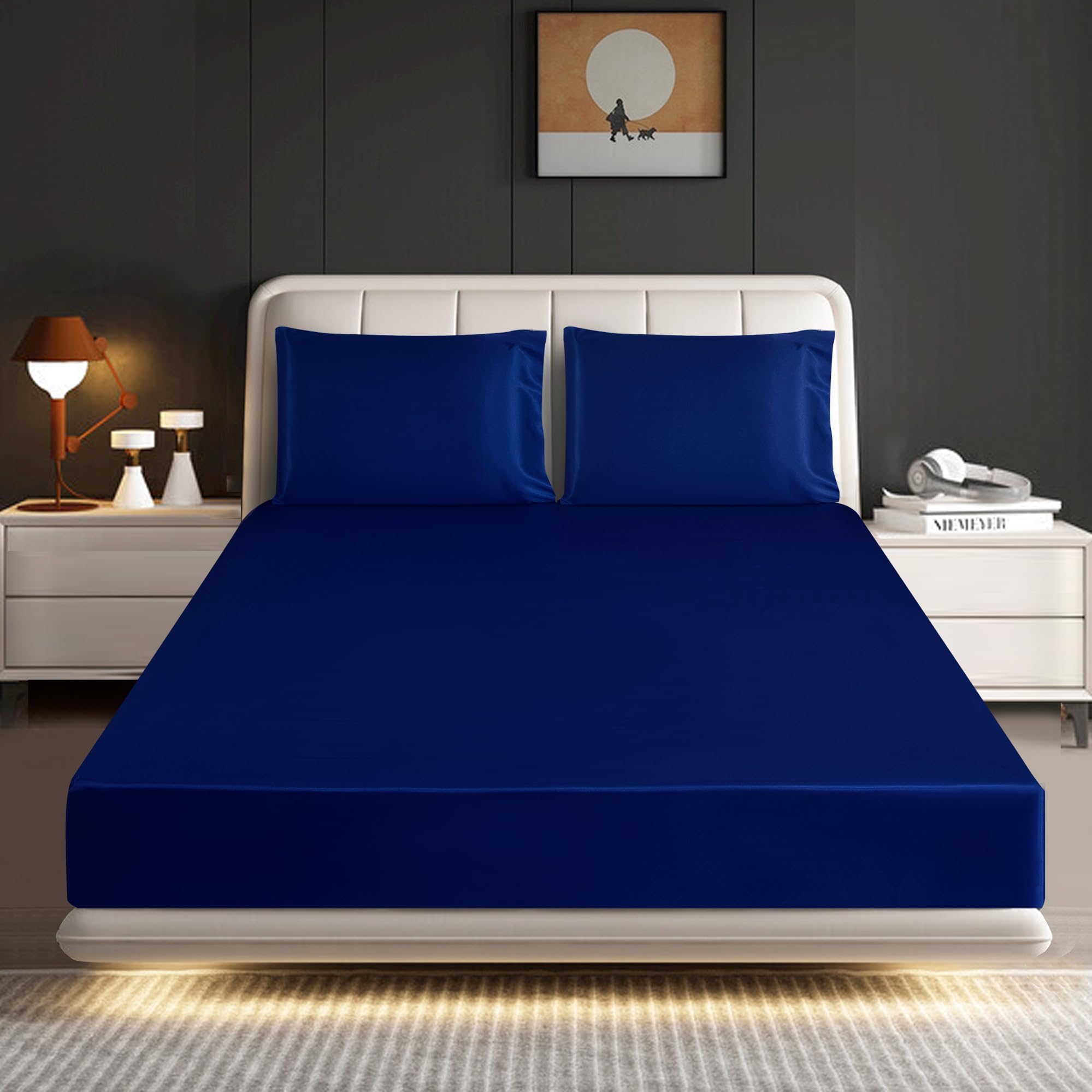 ROOEE Satin Silk Fitted Sheet with Pillowcase Set Breathable Soft Bedding Brushed Fabric Wrinkle