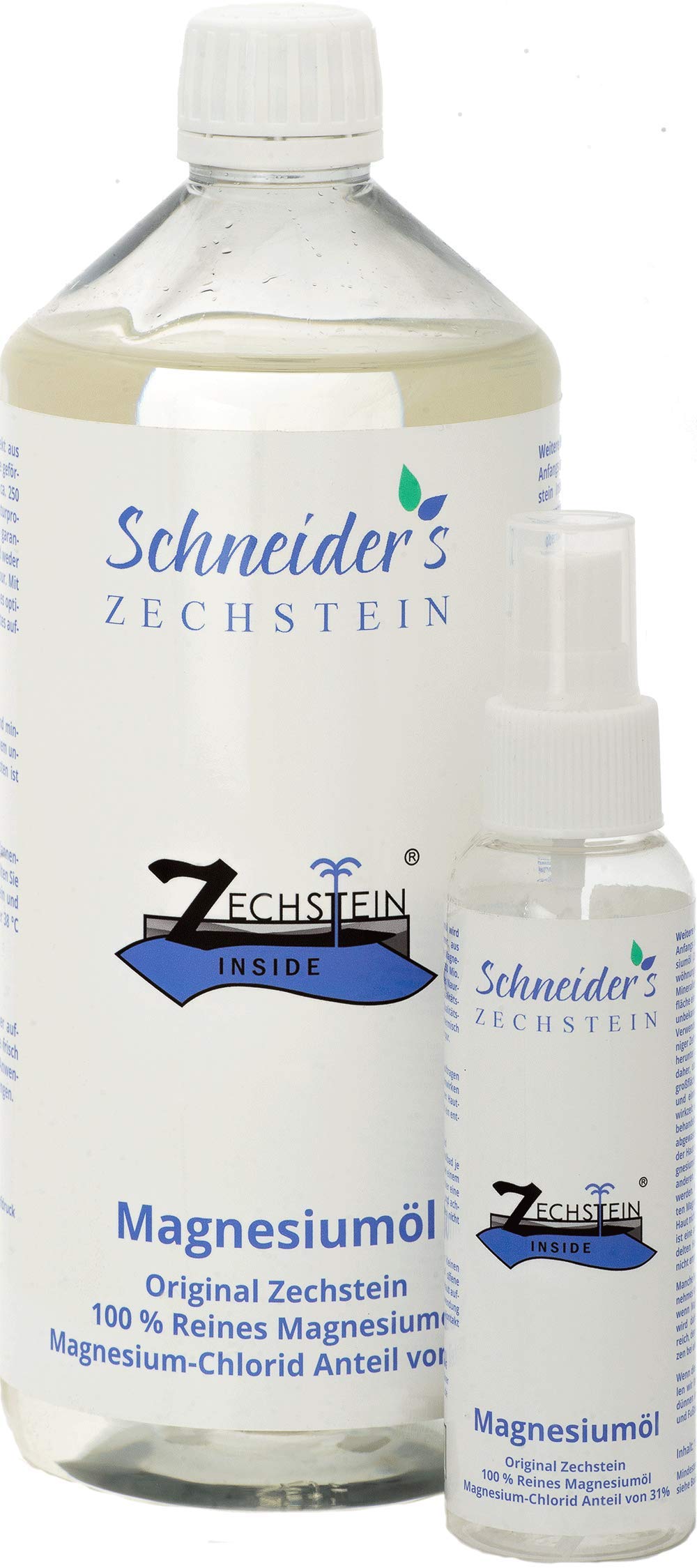 Schneider&#39;s Zechstein Magnesiumöl - 100% Original Zechstein Magnesiumchlorid - Natursole (1000ml + 100ml Sprühflasche auffüllbar) zum Einreiben und Baden