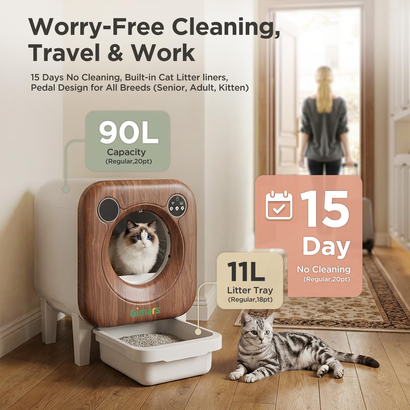 Gimars Litière pour Chat XXL 90 L Anti-pincement avec contrôle par Application, bac à litière Automatique pour Chat avec Tapis, Sacs poubelles et marchepied, Triple capteurs et contrôle des odeurs