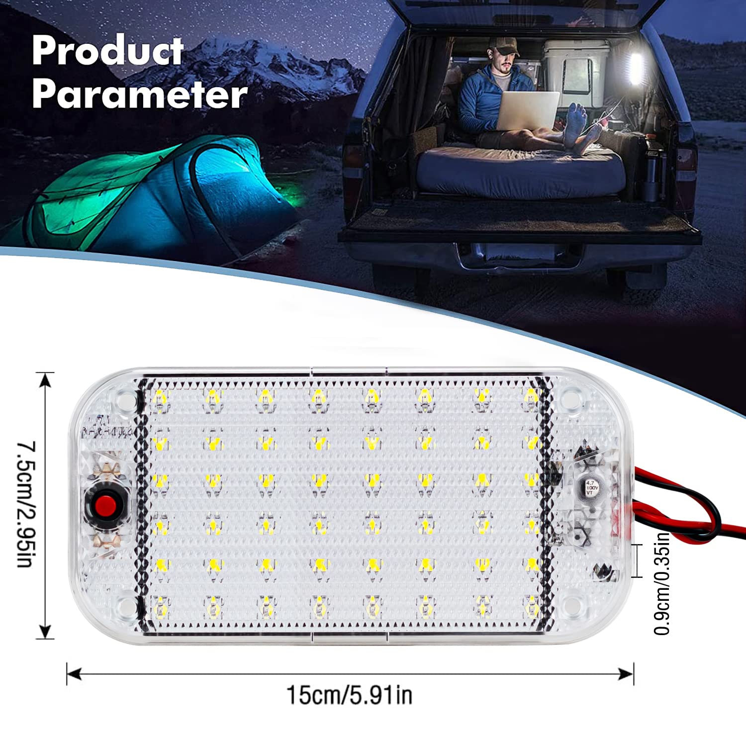2 sztuki 12 V-85 V oświetlenie wnętrza samochodu LED, 48 diod LED, oświetlenie wewnętrzne z przełącznikiem on/off, oświetlenie wnętrza do samochodów osobowych, kamperów, ciężarówek, kempingowych