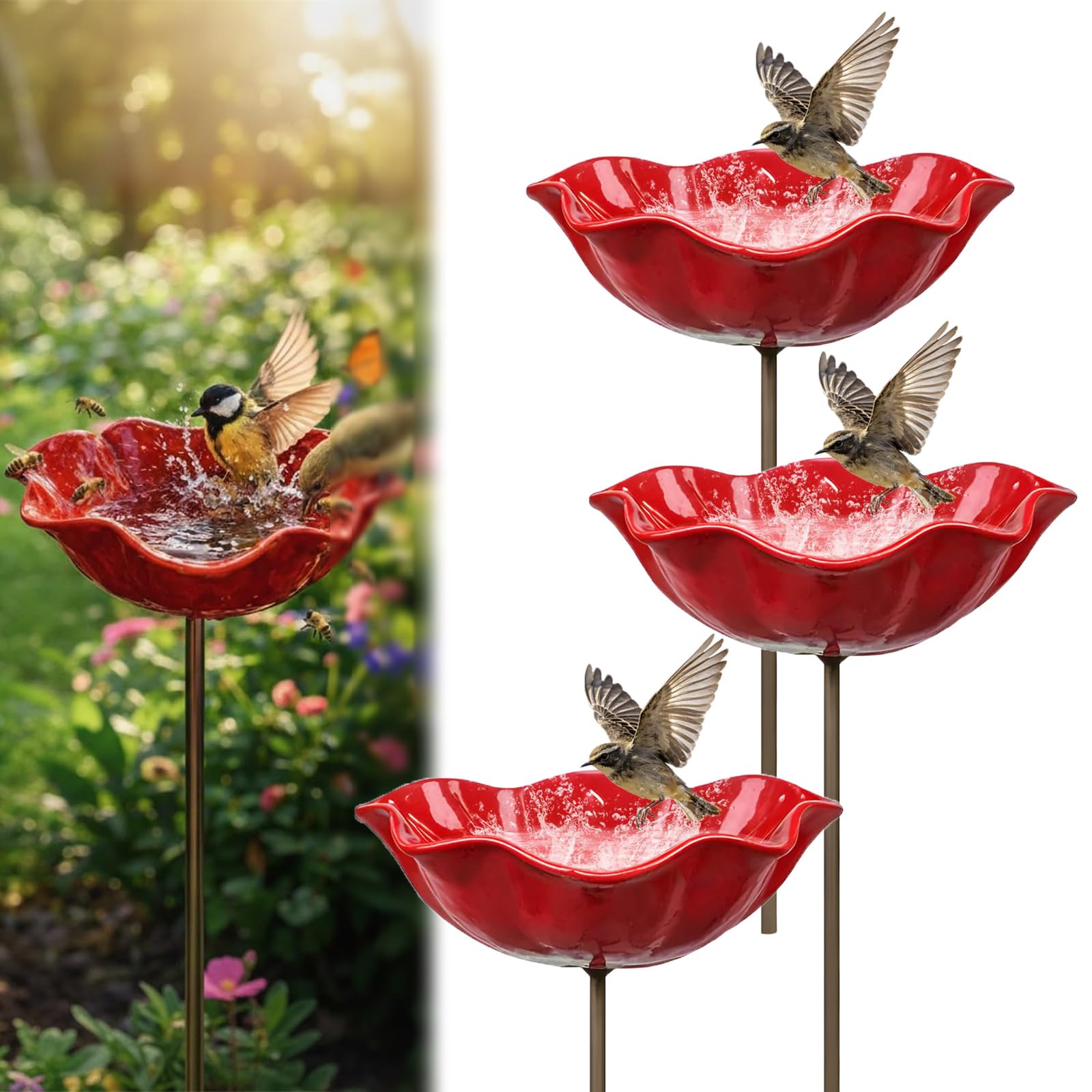 Handmade Metal Flower Garden Stake Bird Bath,Bee Watering Station,Butterfly & Pollinator Watering Flowers Stake Station,Bee Bath Water Feeder,Colorful Butterfly Bath Bowl for Garden Yard Decor (3Pcs)