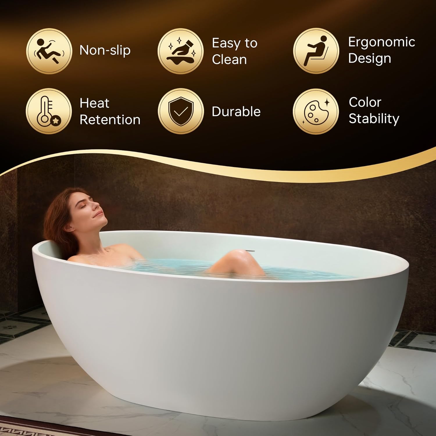 WOODBRIDGE 61" Stone Resin Freestanding Soaking Tub, Modern Oval Solid Surface Bathtub with Integrated Slotted Overflow & Drain, Matte White