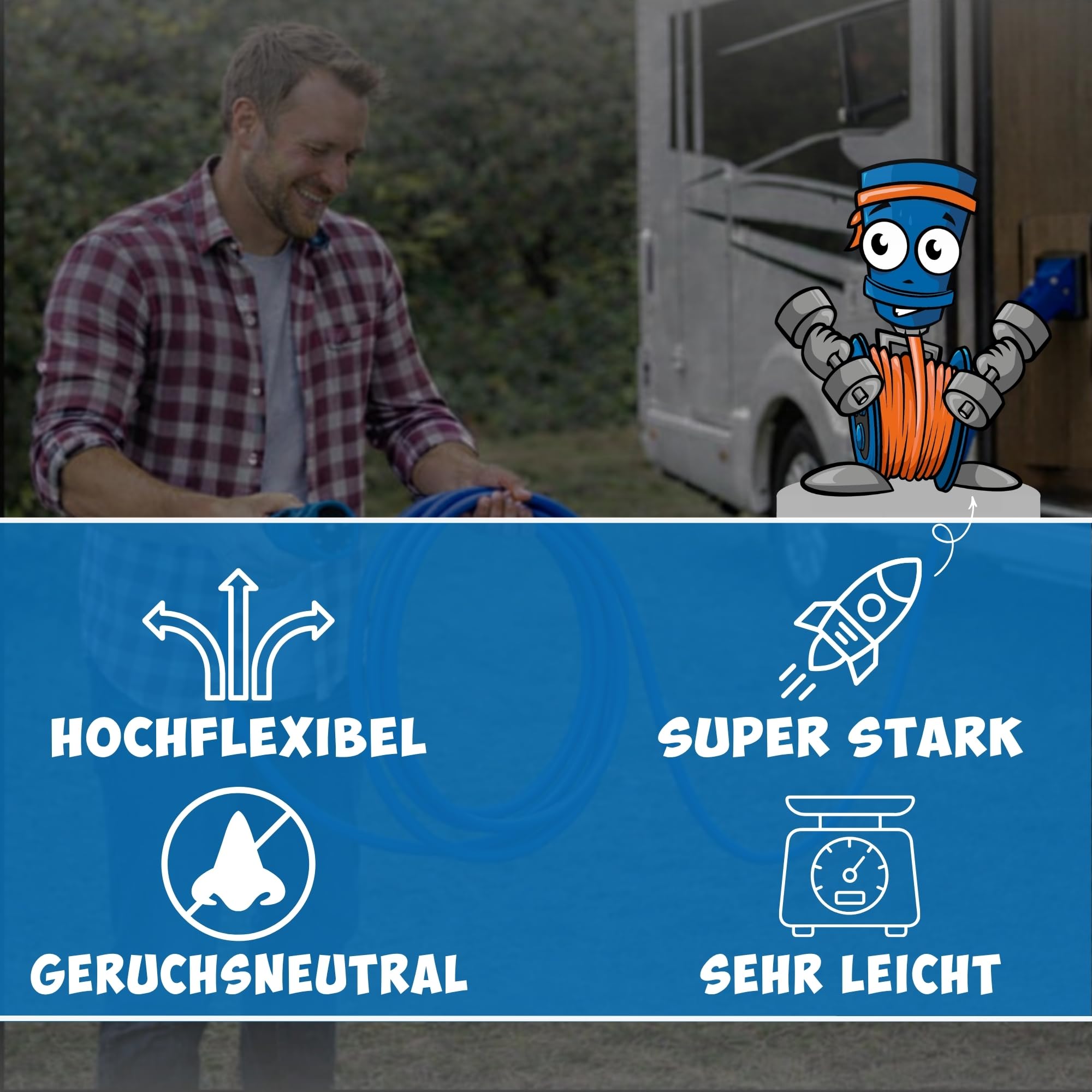 KALLE DAS KABEL CEE Verlängerungskabel 230V 16A – H07BQ-F 3G 2,5 mm², CEE Stecker auf CEE Winkelkupplung mit Schukosteckdose & LED Spannungsanzeige, IP44, Signal Blau, Camping Caravan 20 Meter
