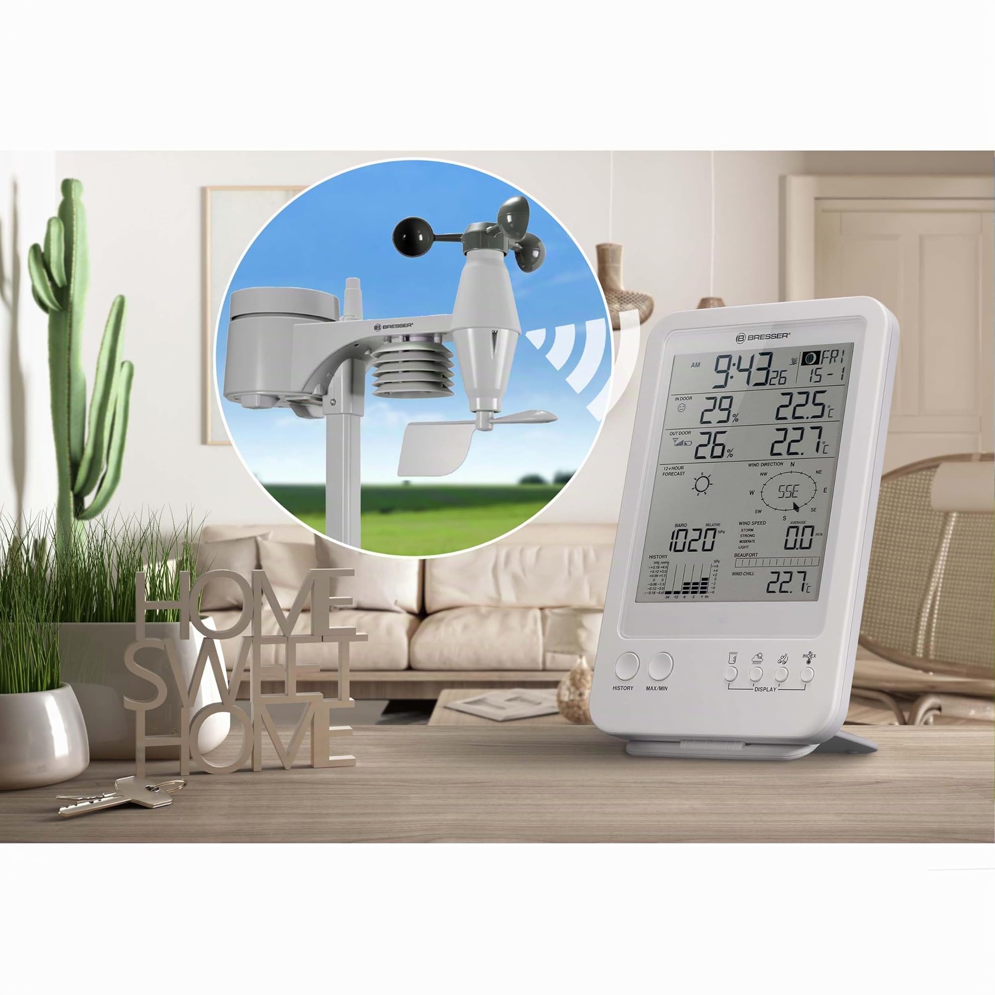 Bresser Wetterstation 5-in-1 Funkwetterstation mit Außensensor, Weiß