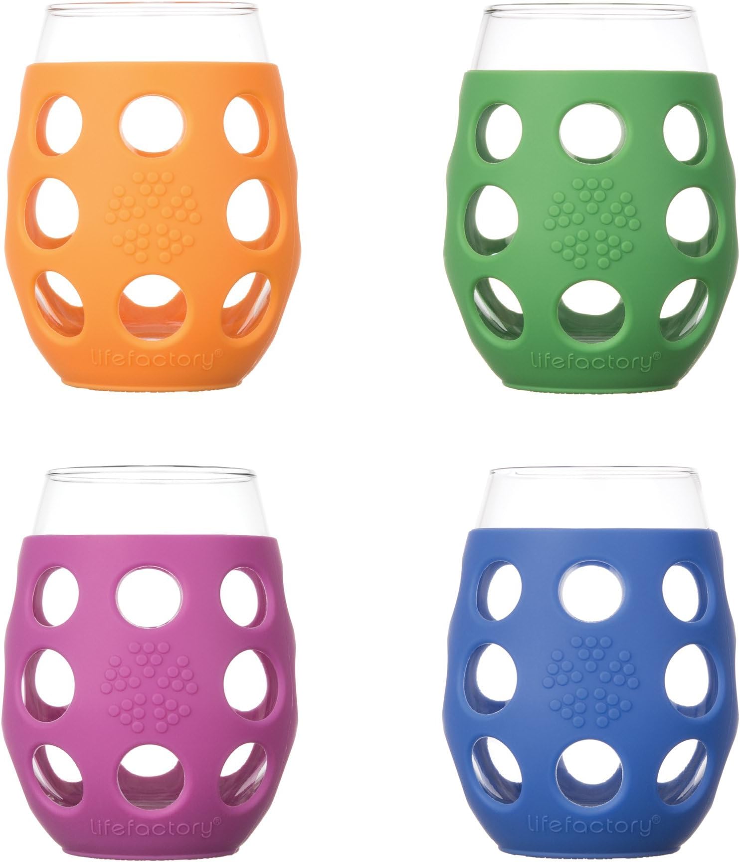 Lifefactory Wine Glass with Protective Silicone Sleeve, 4 Count (Pack of 1), Orange, Cobalt, Grass Green and Huckleberry