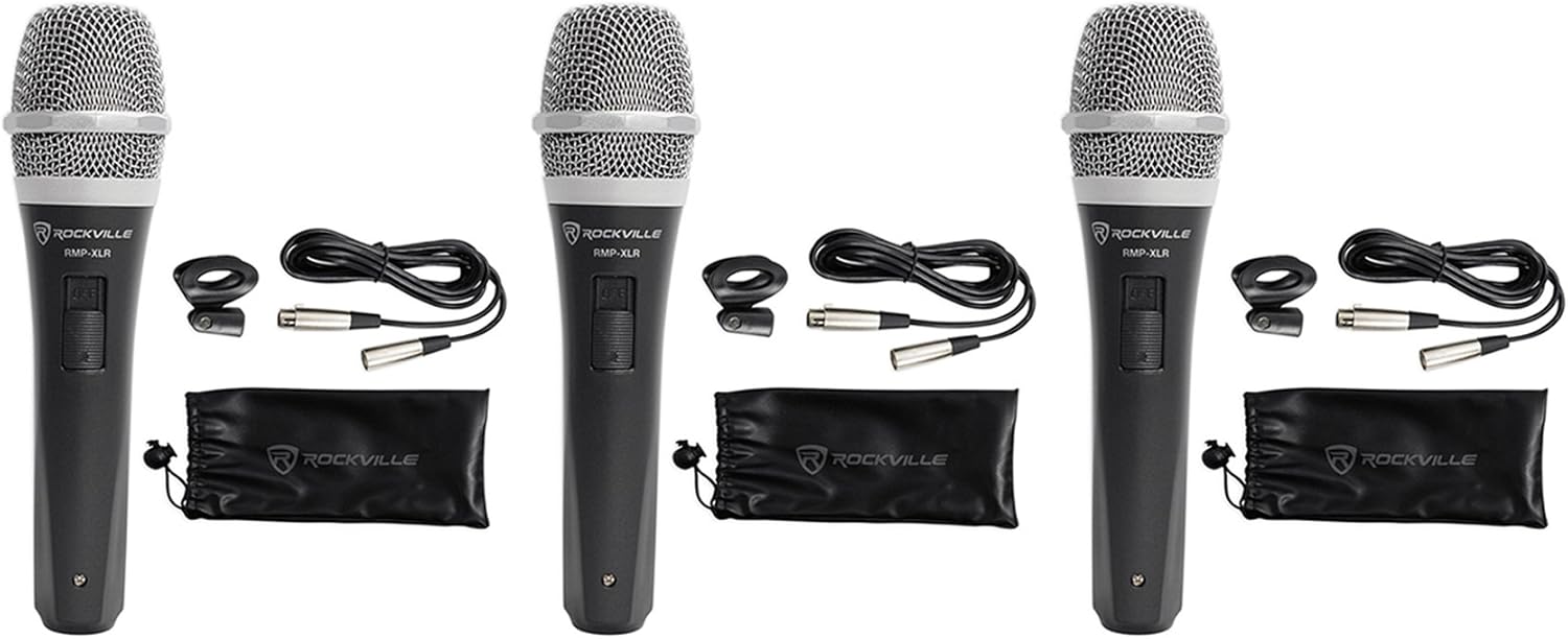 Rockville (3) RMP-XLR Dynamic Cardioid Professional Microphone W/10′ XLR Cable + Clip (3 Items)