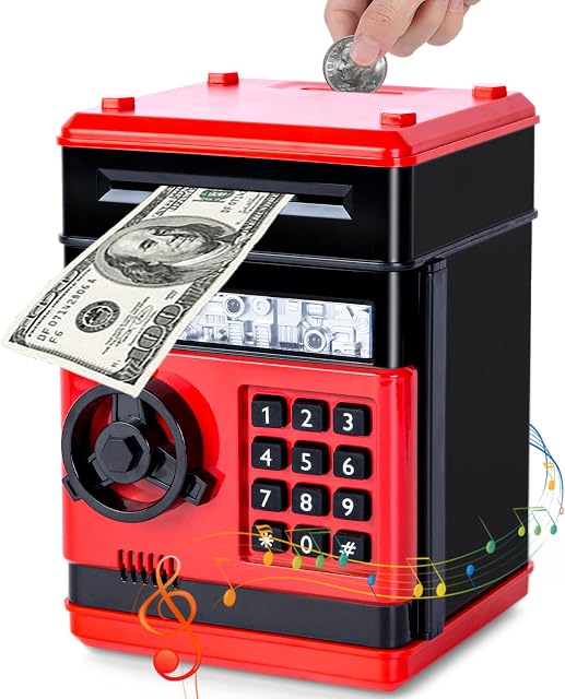 Thedttoy Kids Money Safe Piggy Bank Toy Money Bank w/ Electronic Lock, Auto Scroll Paper ATM Machine Money Box Safe for 3-12 Years Old Children Boys Girls, Best Toy Gifts for Birthday Christmas (Red)