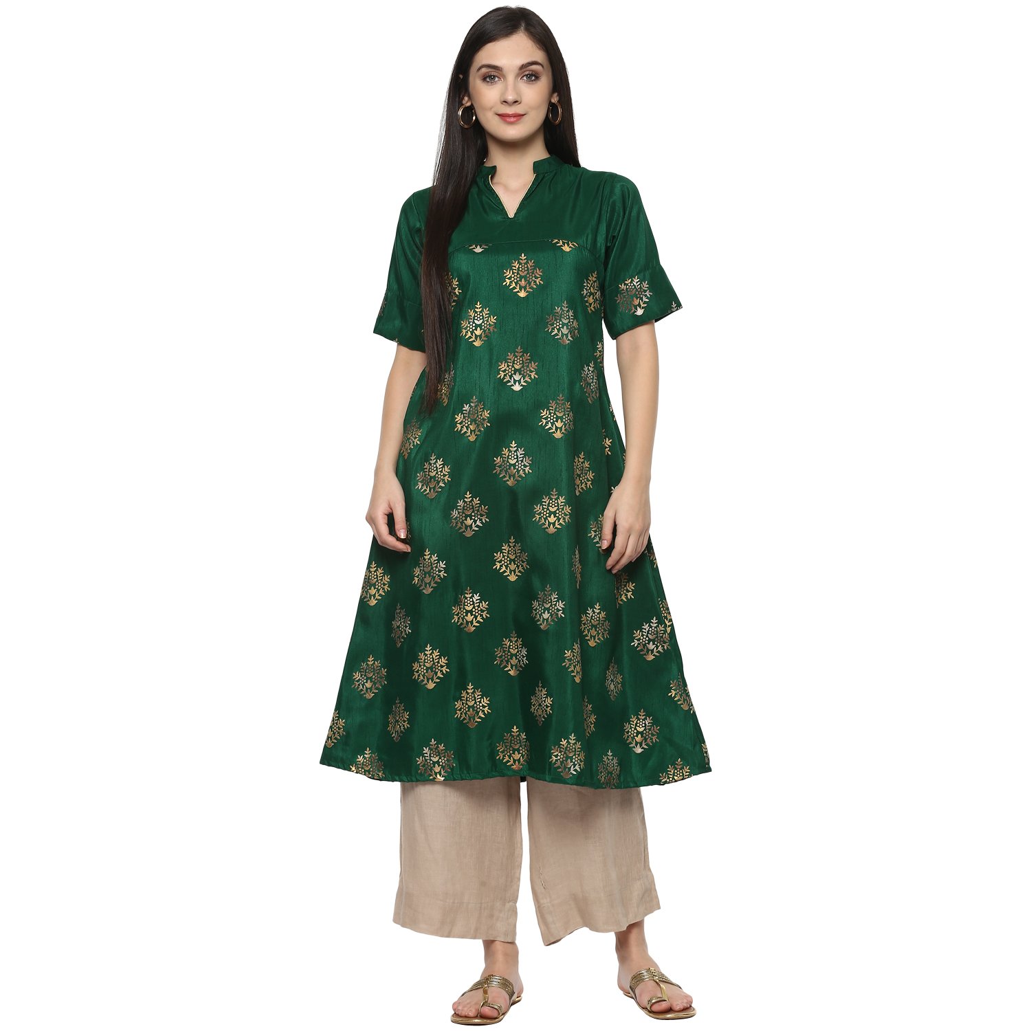 ZIYAAWomen's Foil Printed Flared Poly Silk Kurta