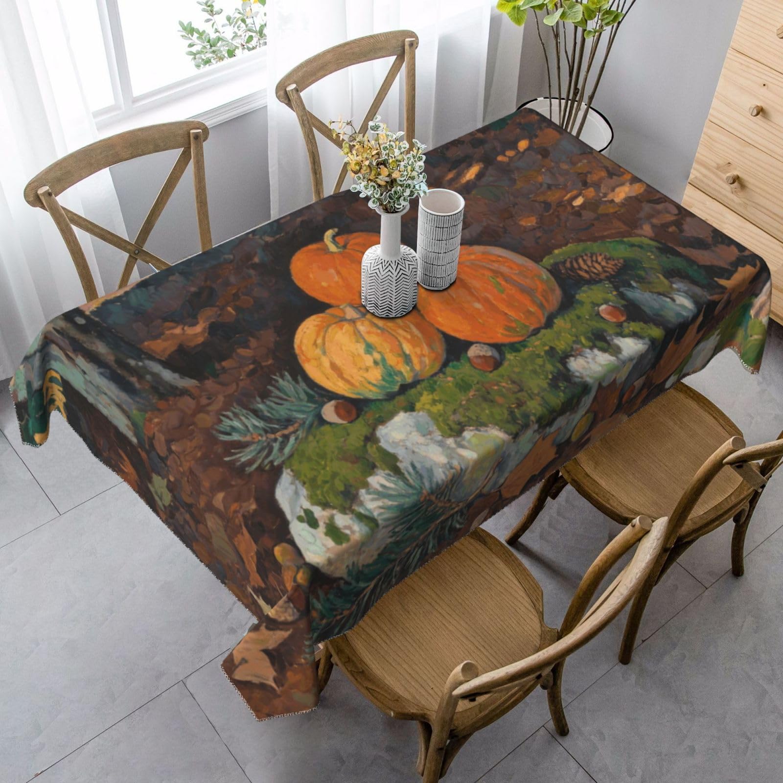 Leaves Pumpkin Rectangle Tablecloth 35x55 Inch, Washable Reusable Farmhouse Table Cloths Wrinkle Free And Spillproof Kitchen Dinning Table Cover For Party Wedding Picnic Home Decor Tablecloths
