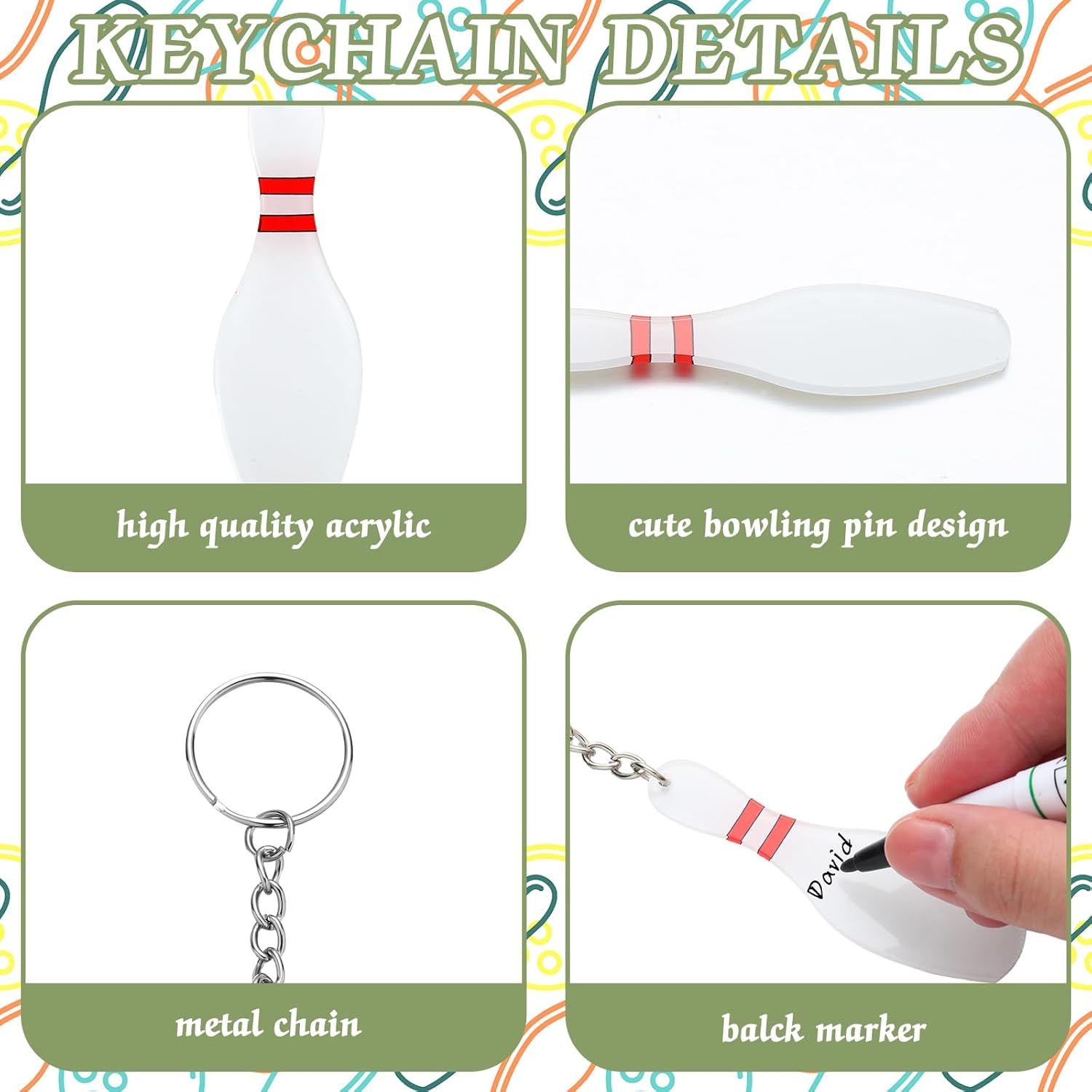 Acrylic Bowling Pin Keychains Bowling Party Favors Carnival Reward Gifts Party Bag Gift Fillers Sports Souvenir with Marker for DIY Writing - Image 3