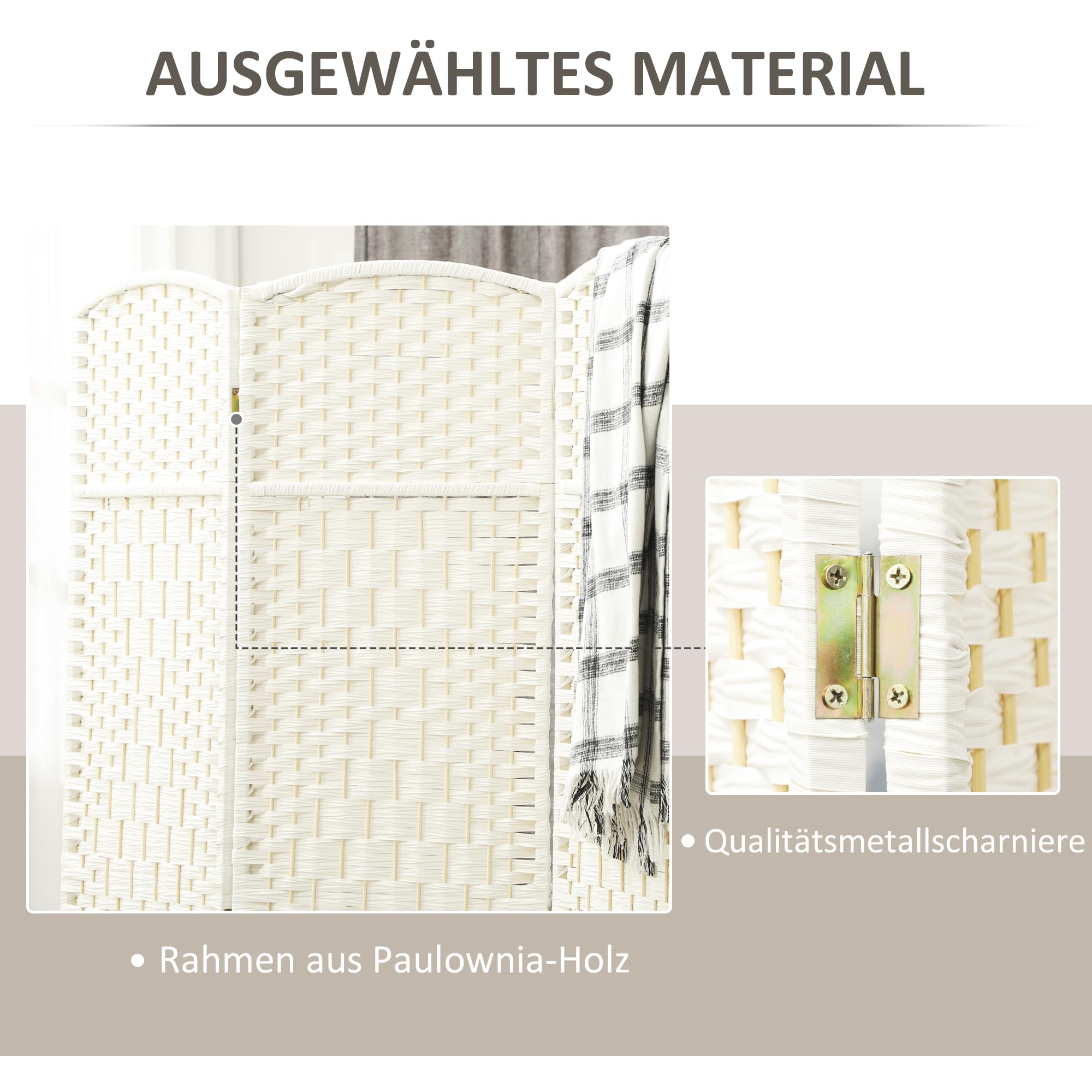 HOMCOM Paravent - Divisorio pieghevole, 4 pezzi, 180 x 180 cm, colore: Bianco