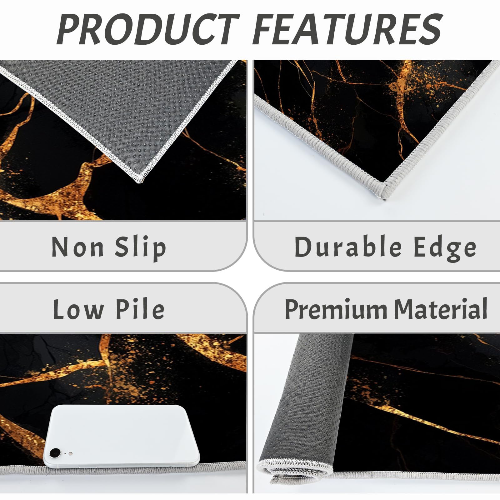 Set Di 2 Tappeto Cucina - Impermeabile - Antiscivolo - Antimacchia - Lavabili - Tappetini Da Strisce Astratte - Per Corridoio Cucina - Marmo Elegante - Oro Nero - 40X60+40X120Cm