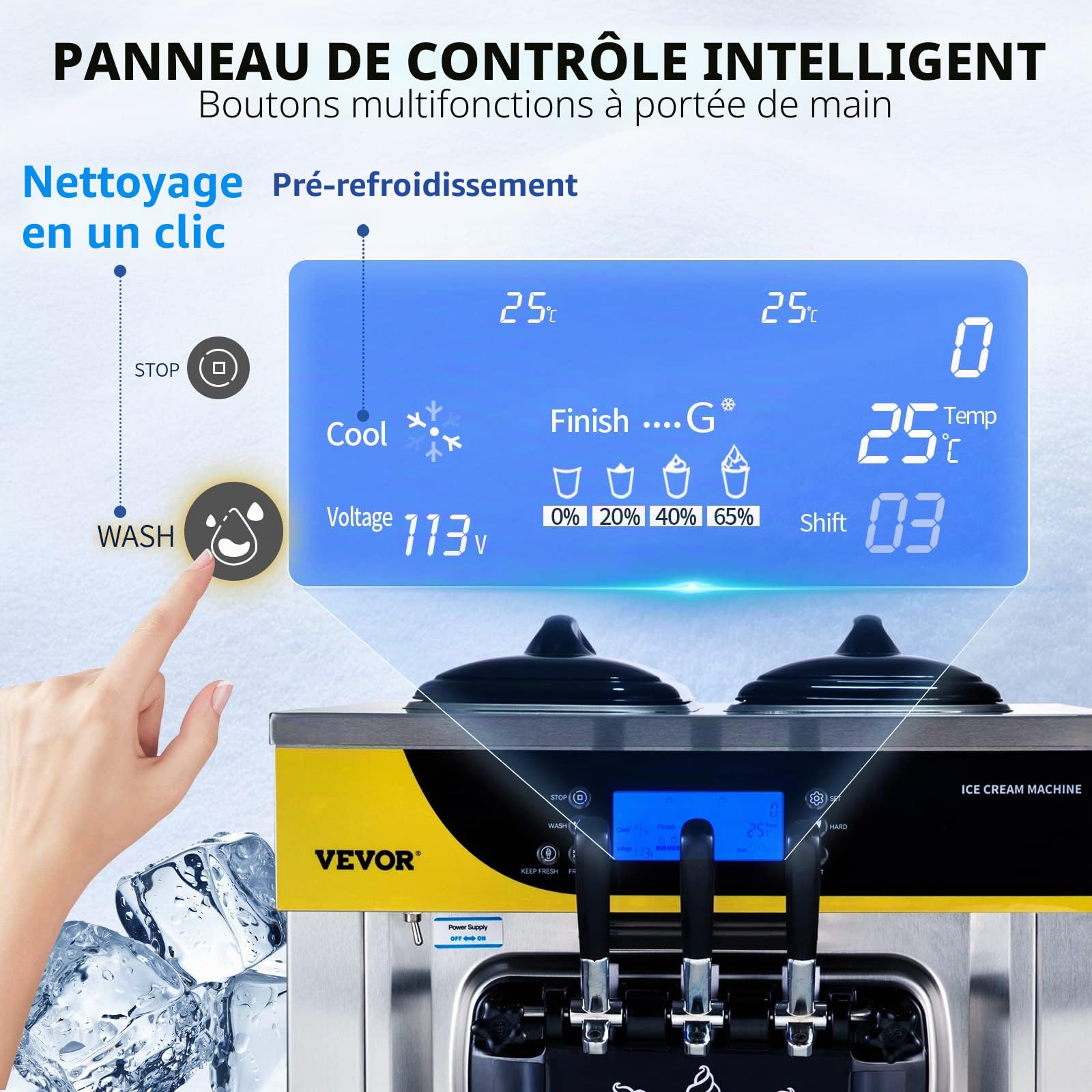 VEVOR Machine à Crème Glacée 22-30 L/h Machine à Glace Molle Commerciale avec Trémie 2x6L Sorbetière à Glace Pré-Réfrigération 3 Saveurs Nettoyage en Un Clic pour Sundae Café Snack-Bar