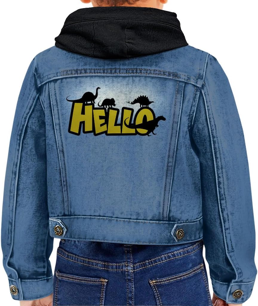 Hello Dino Toddler Hooded Denim Jacket - Dinosaur Print Clothing - Cute Dino Themed Boy Present
