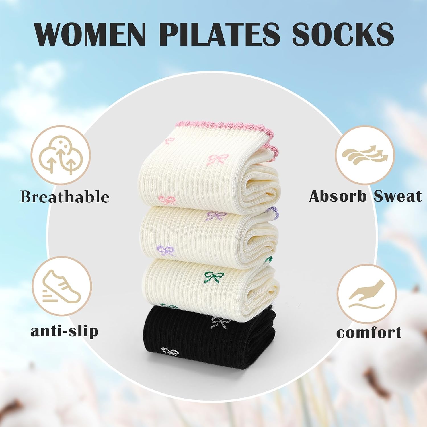 Pilates Yoga Grip Socks for Women, Bow-Patterned Ruffled Crew Socks Ideal for Fitness, Ballet Bar Work&Dance