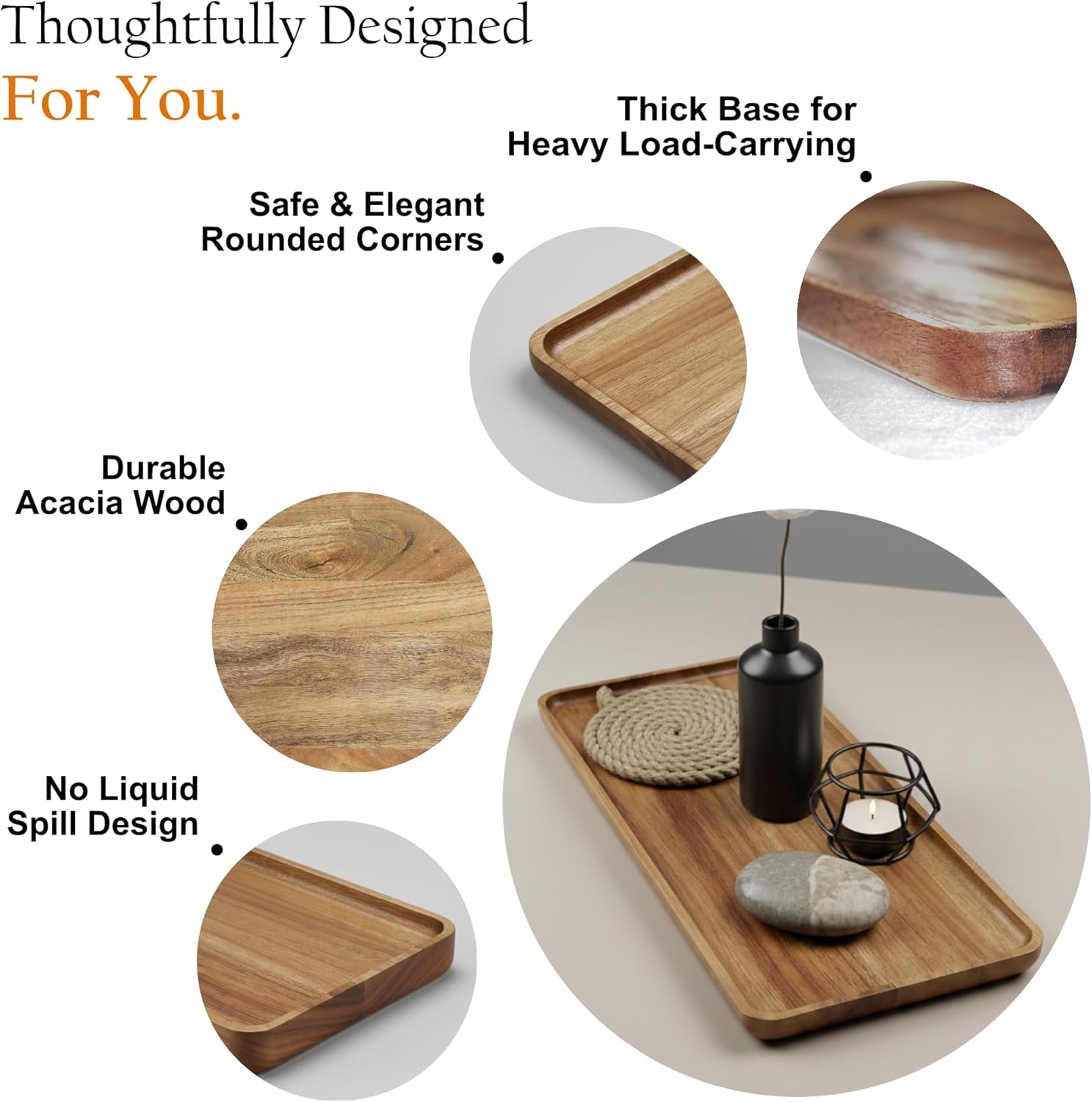 Acacia Rectangle Wooden Tray - 2 Sizes 16" X 12" and 10" X 6" - Food Safe Serving Tray - Large & Small Wooden Trays Combination - Durable Wood Display Tray for Coffee Party or Home Decor - Image 2