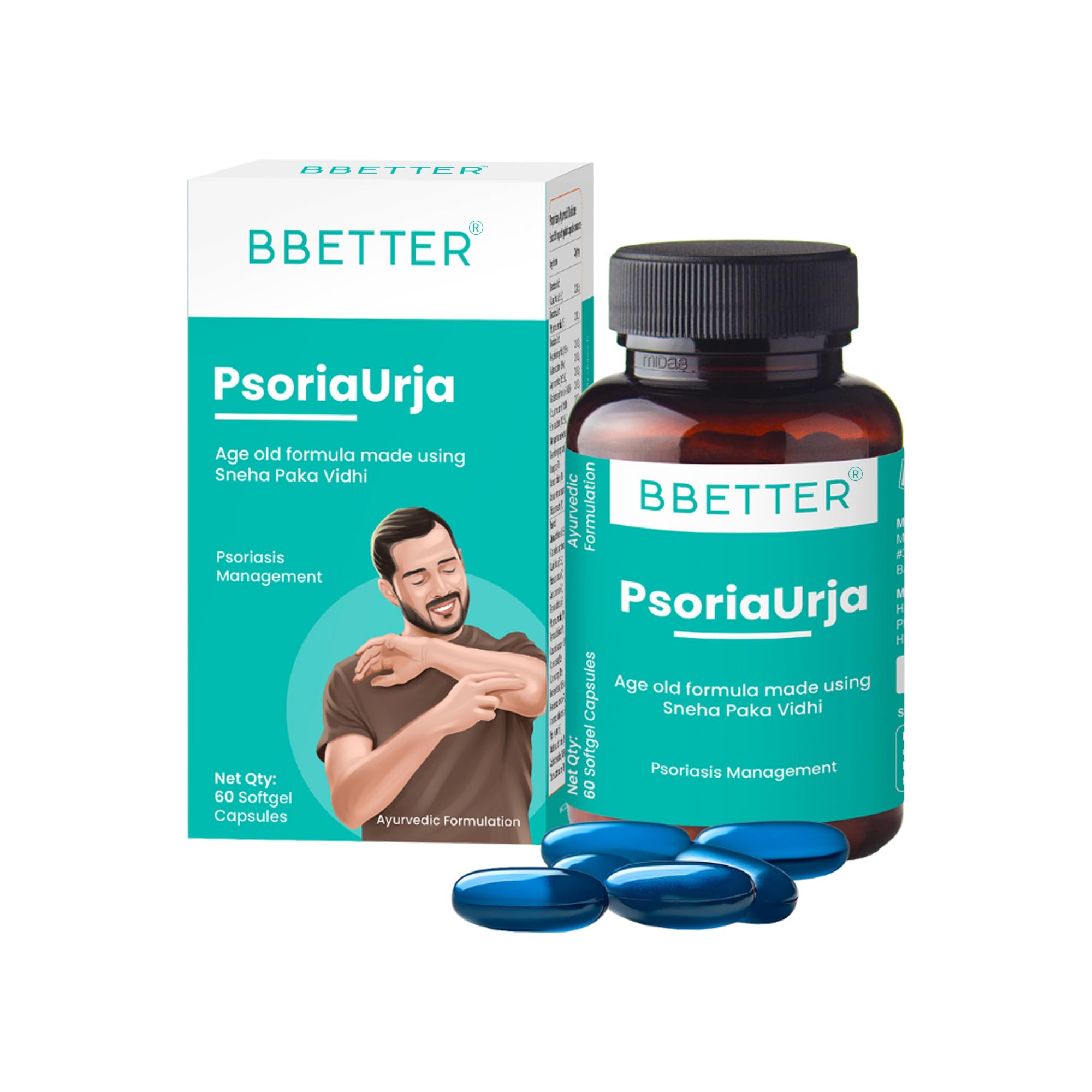 BBETTER PsoriaUrja - Lab Tested Ayurvedic Medicine for Skin Health Management | Made using Sneha Paka Vidhi method | 60 softgels