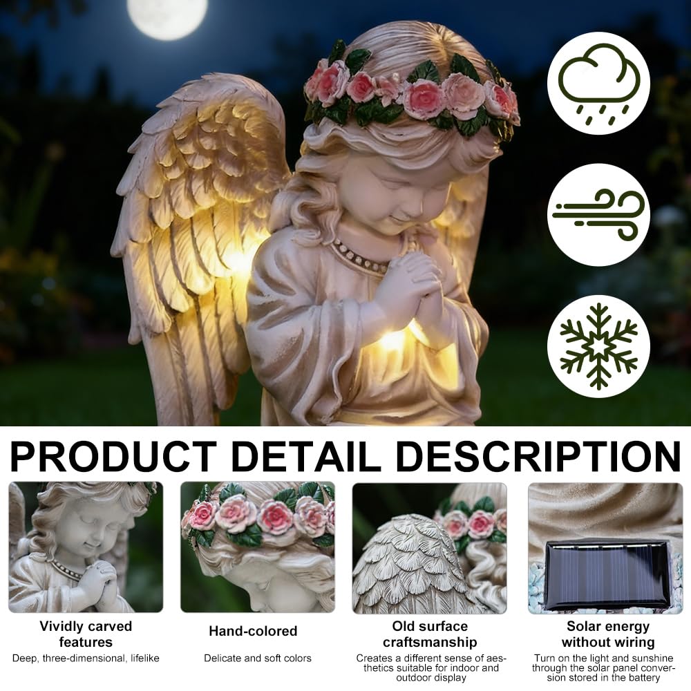 Statue du Jardin des Anges, Lumière Solaire d'ange Priant, Sculpture Ange Gardien avec Lampe LED Solaire, Auto-on, Résistant Aux Intempéries pour Patio, Porche, Cour, Balcon, Cimetière, Tombe - 3