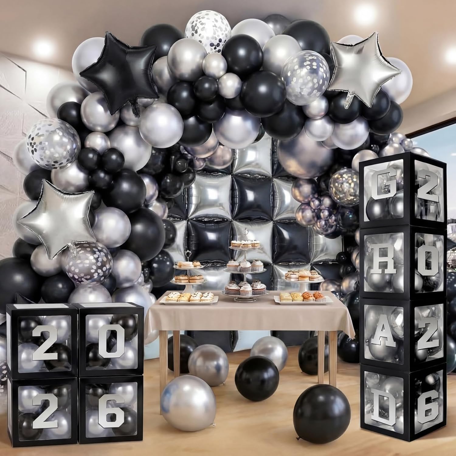 Seenelling 133 Pcs Graduation Decorations 2026 Set Black Sliver Balloons Boxes with Letters 2026 Grad Square Foil Balloons Complete Party Supplies for High School College Celebrations