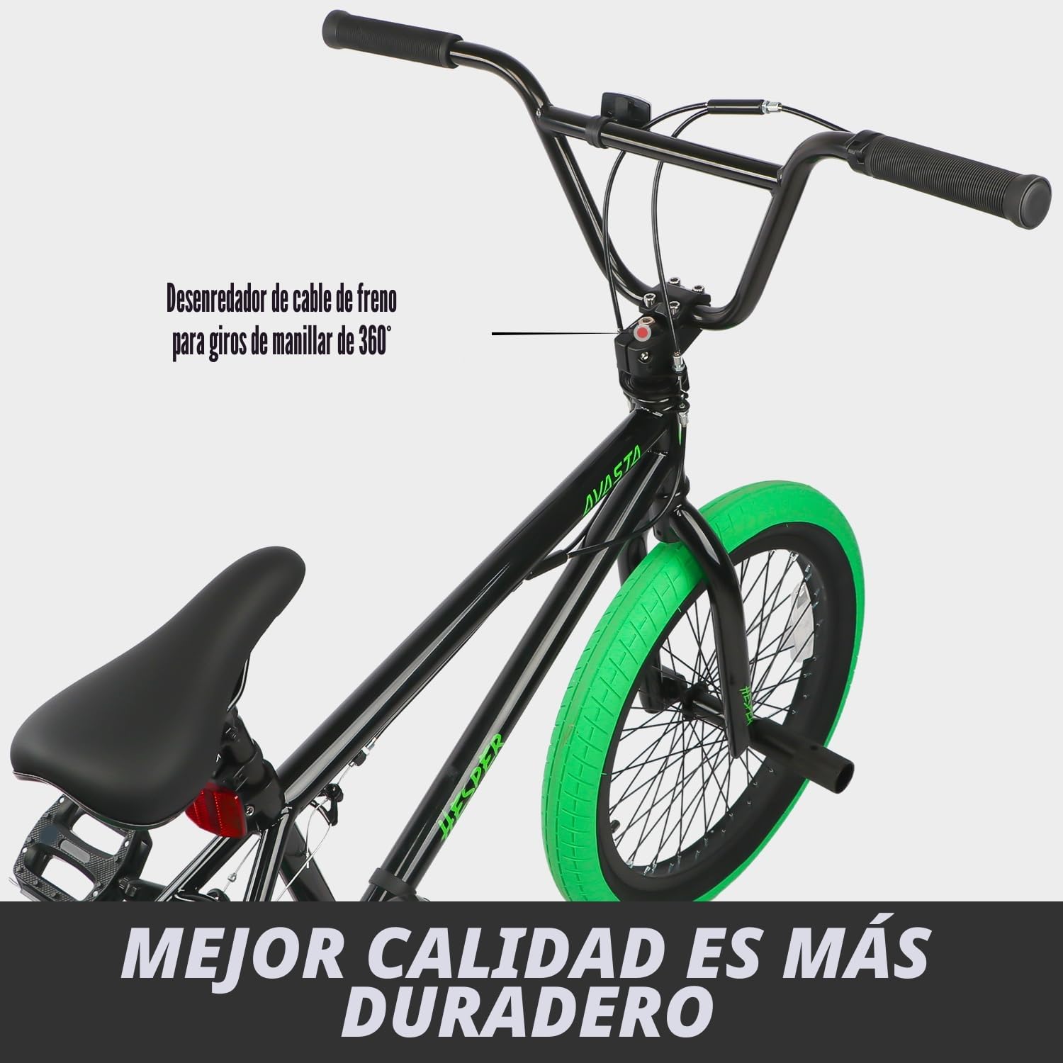 AVASTA Hesper - Bicicleta BMX Freestyle de 20 pulgadas para niños, con 4 reposapiés, bicicletas para niños de 6 a 14 años y principiantes, color negro con neumáticos verdes