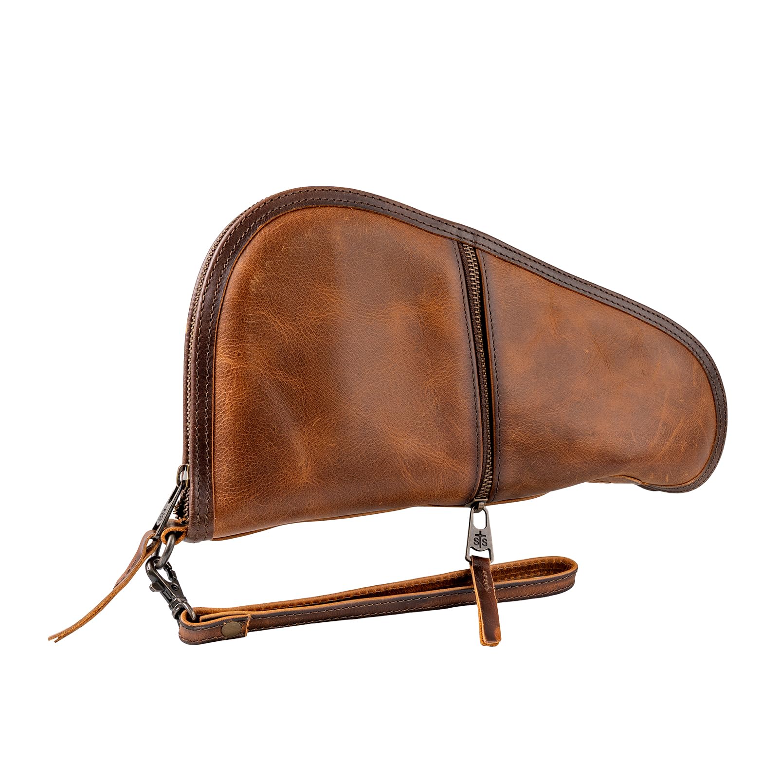 STS Ranchwear Tucson Pistol Case, Durable Genuine Full Grain Waxed Leather Padded Hunting Range Shooting Pistol Concealed Carry Storage Pouch w/Zip Around Closure, Pockets & Wrist Strap, STS34295