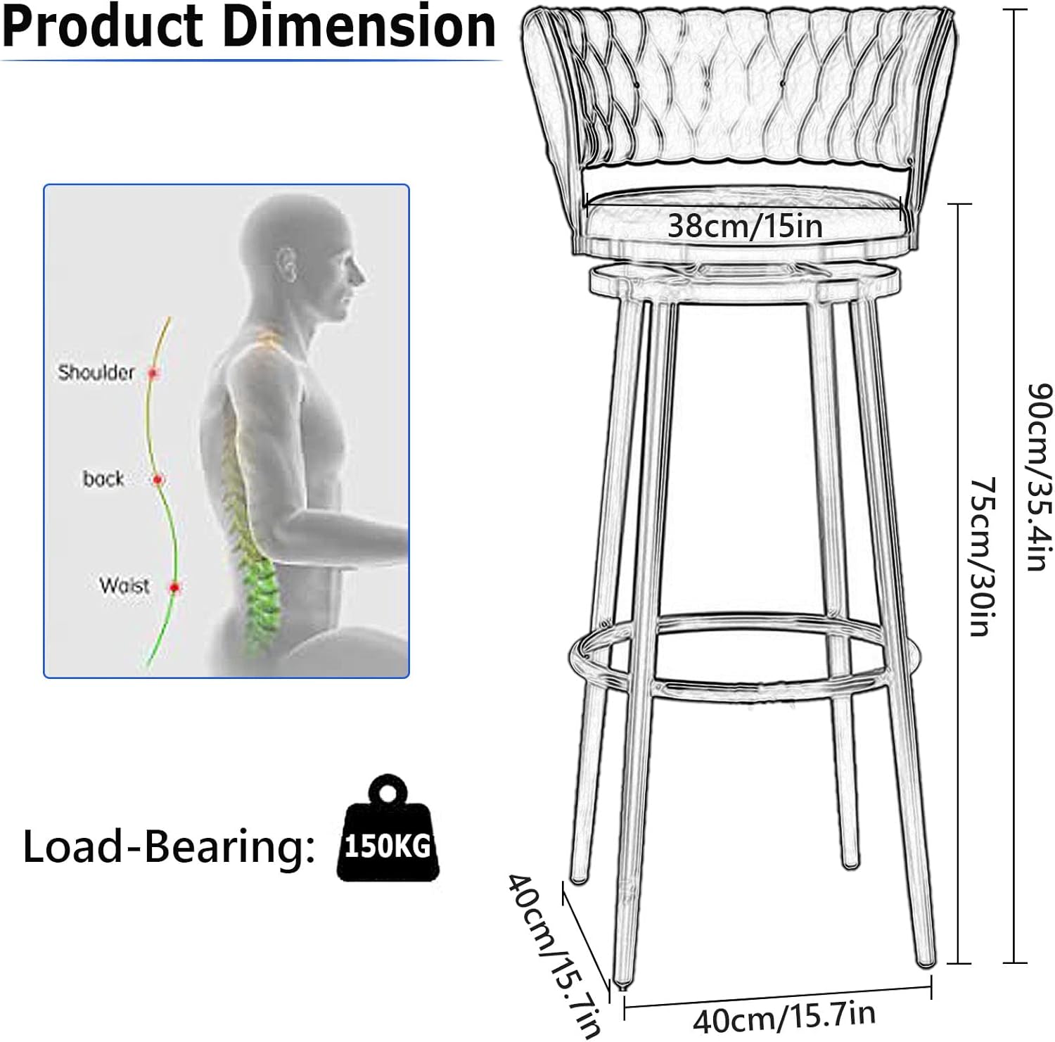 ベルベット回転バースツール 背もたれとフットレスト付き カウンター高さのバースツール キッチンアイランド用 布張りバーチェア 耐荷重