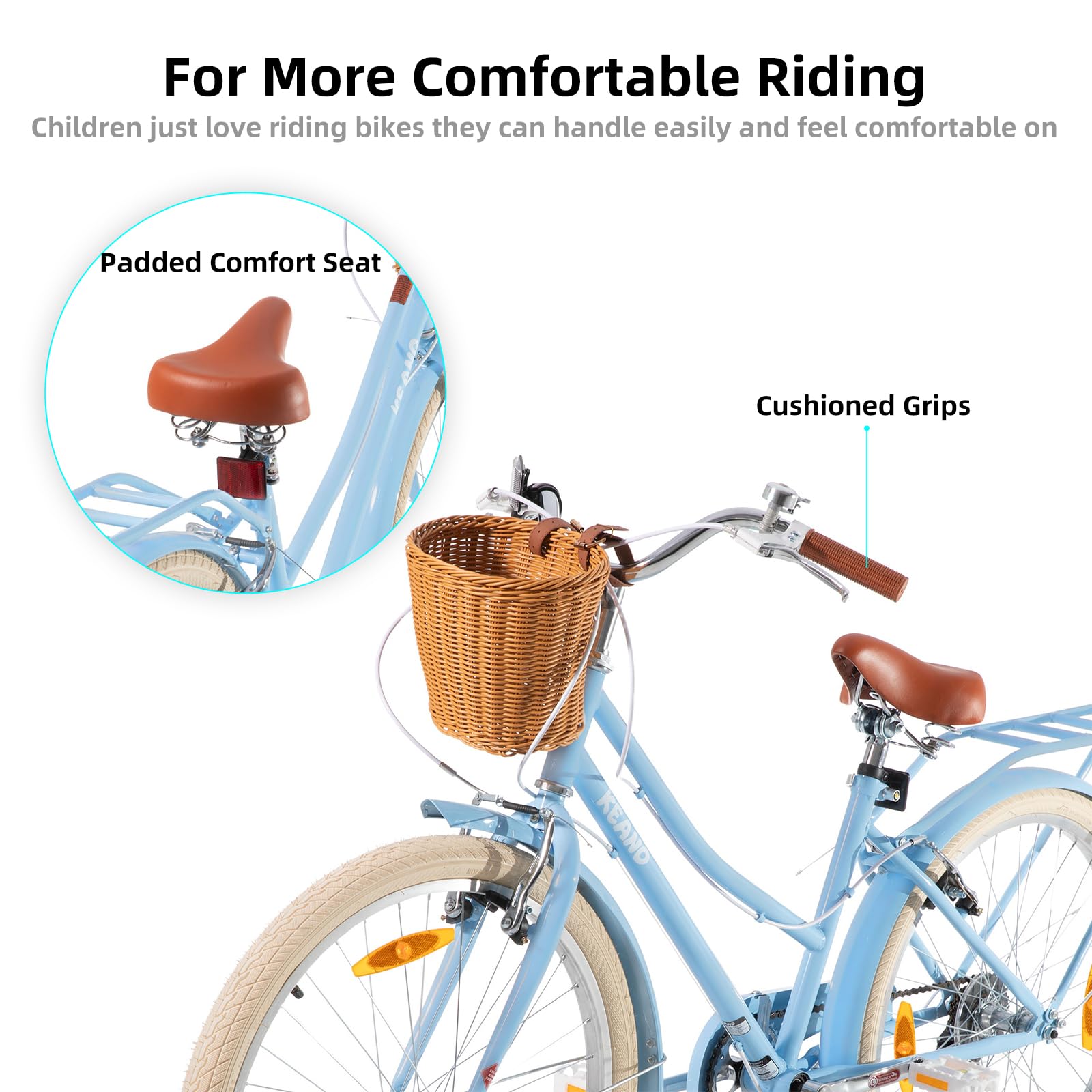 KEANO Poppy 20/24 Zoll Kinderfahrrad für Mädchen von 6 bis 11 Jahren, 20/24 Zoll Mädchenfahrrad mit 7 Gängen und Korb,blau/grün/rosa/lila/gelb