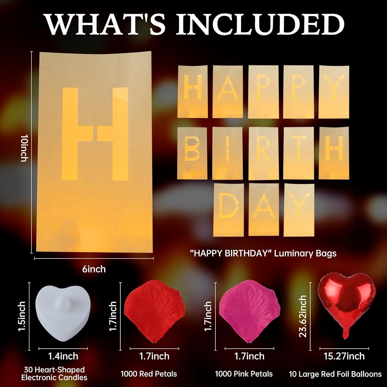 Happy Birthday Decoration for Men Women, Valentine’s Day Light Up Letters Luminary Bags with 30 Bright LED Candles, 2000 Rose Petals, 10 Balloons, Surprise Birthday Party Banner Signs