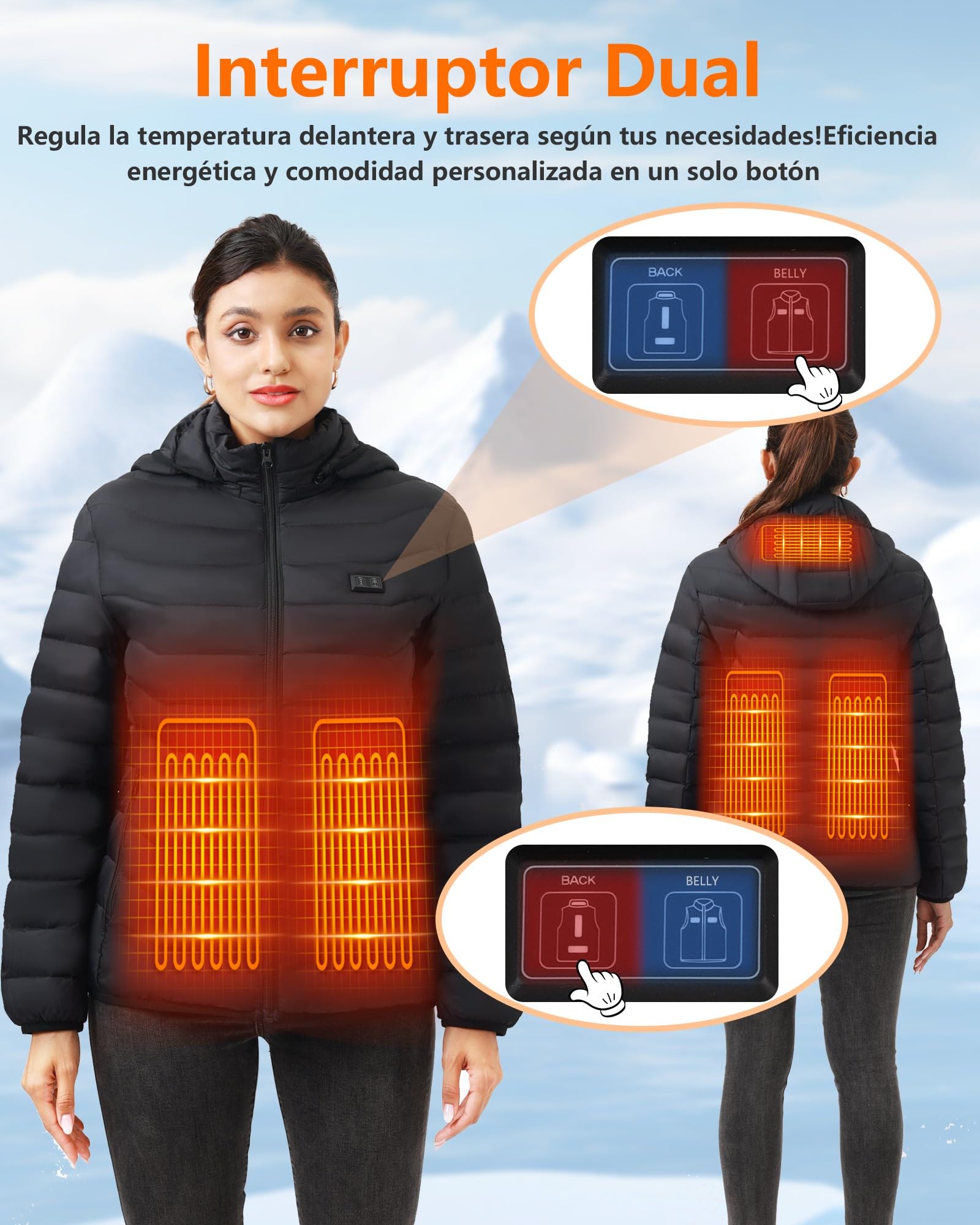 Chaqueta Calefactable Mujer con Batería 10000mAh, Chaquetas con Calefaccion con 5 Zonas, 3 Temperaturas, Control Doble, Ideal para Senderismo, Esquí y Acampar