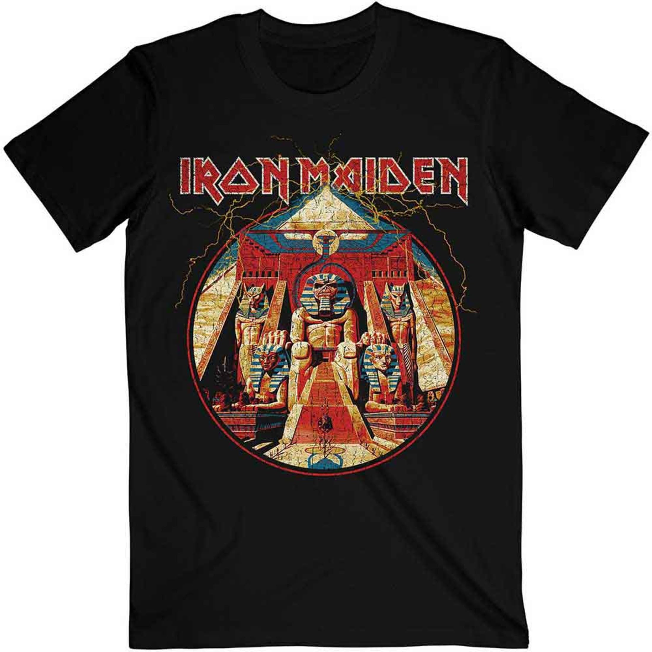 Rock Off Officially Licensed Products Men's Black Rockoff Trade Iron Maiden Powerslave Lightning Circle T-Shirt, Large