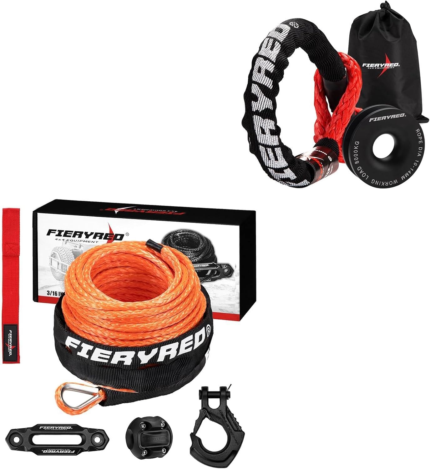 FieryRed 3/16inch 50FT 8500LBS Synthetic Winch Rope Cable Kit with Forged Hook Rubber Stopper and Fairlead, Soft Shackle with Snatch Ring