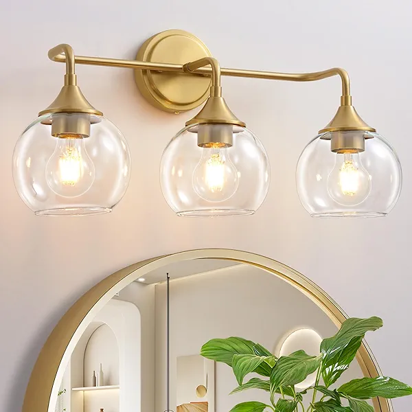 Gednbo Gold Bathroom Light Fixtures 3 Light Bathroom Vanity Light with Clear Glass Shade, 22 inch Vanity Lighting Fixtures Over Mirror, Vanity Lights Fixture (Exclude E26 Bulb)