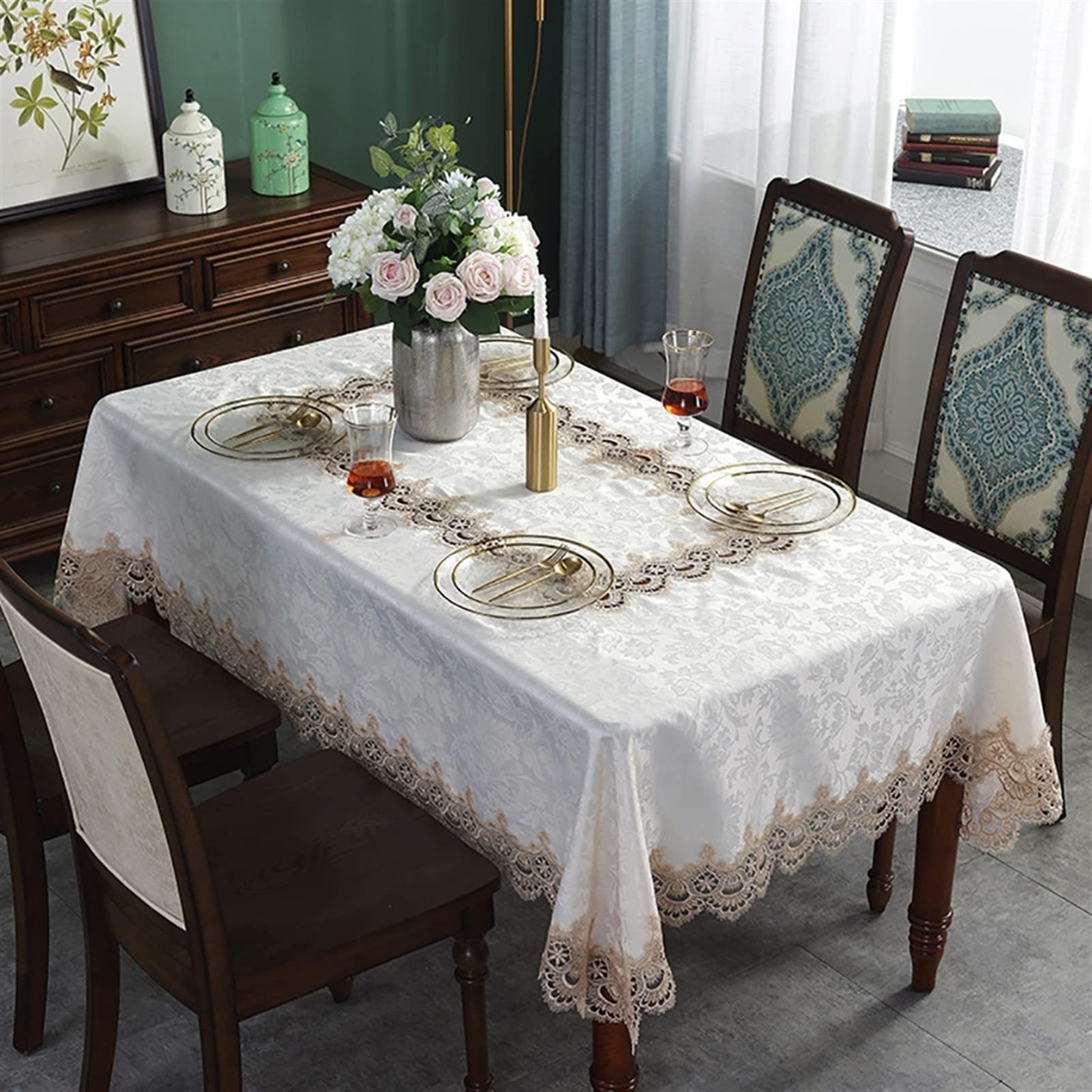 Chemins de Table, Fine Vintage Dentelle Blanc Simple rectangulaire avec Gland Table Basse Tissu Cuisine Maison hôtel Nappe Moderne Mode Coureurs(150 * 220cm)