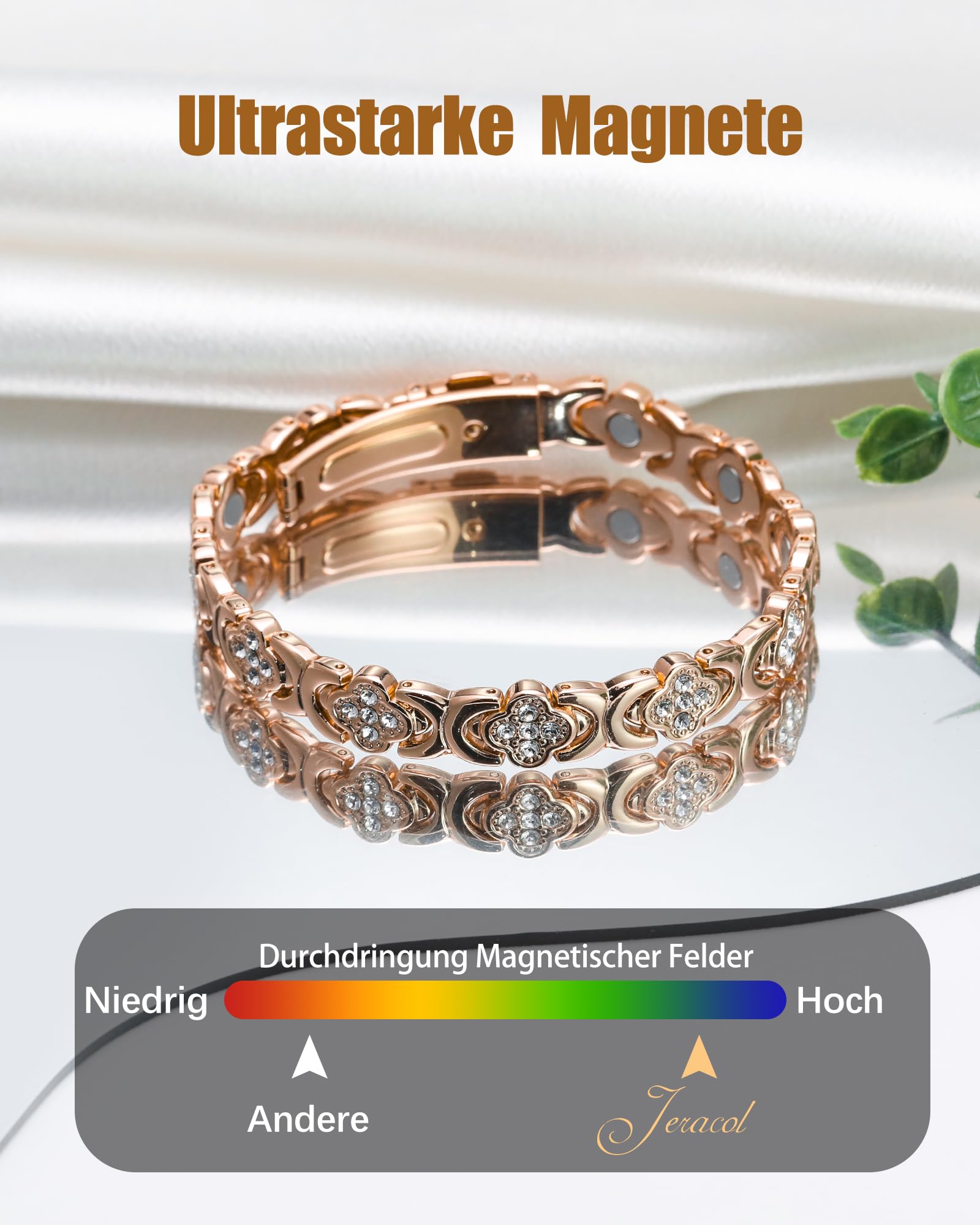 Jeracol Kupferarmband Damen und Magnetfeldtherapie Ring, gefertigt aus 99% reinem Kupfer, mit eingelegten Neodym-Magneten und funkelnden Zirkonia-Steinen, verstellbares Magnetarmband