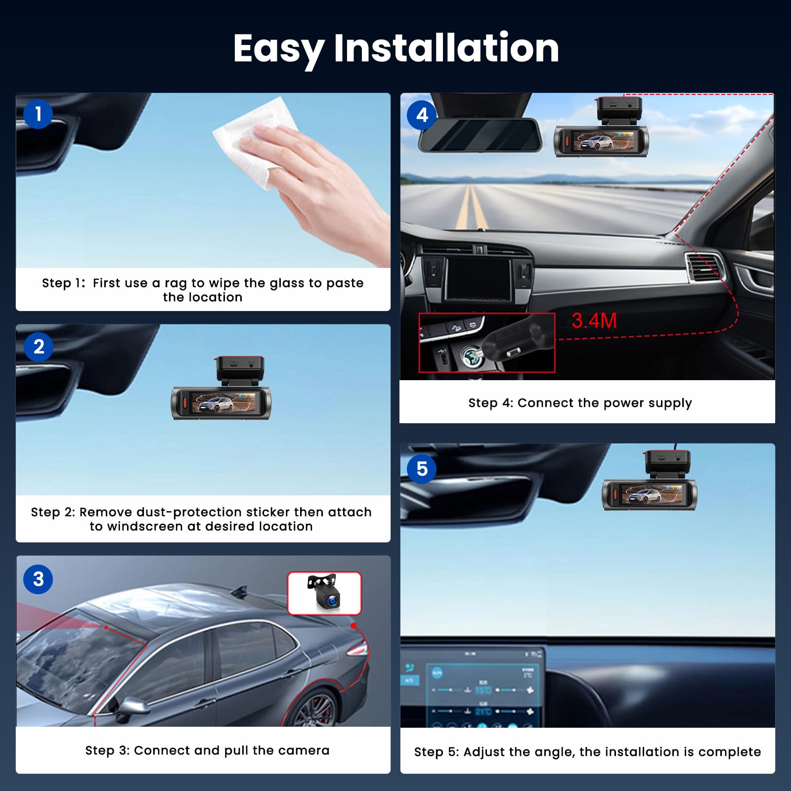 2 Canales Dash CAM, WiFi Dash CAM con 4K Delantero y Trasero, Pantalla de 3 Pulgadas, Cámara de Coche con Tarjeta 64 G/G-Sensor/Grabación en Bucle/Visión Nocturna/24h-Monitor de Aparcamiento