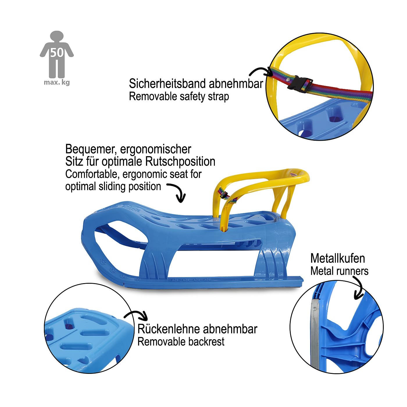Jamara Snow Play 460367 Snow-Star 460367 Patins en métal avec Protection Contre Le basculement, Dossier et Sangle de sécurité Inclus Bleu 90 cm