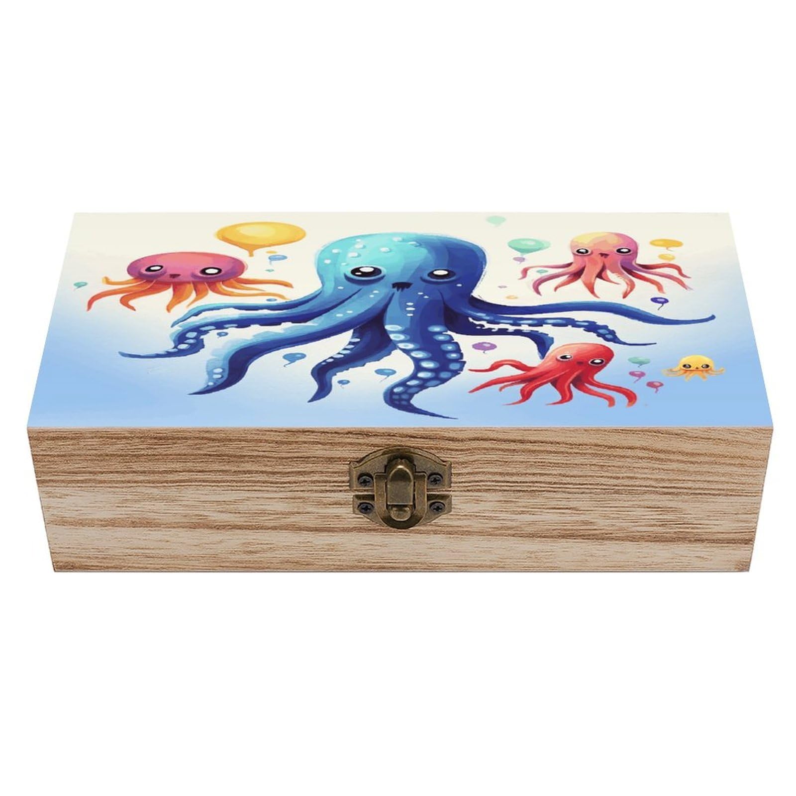 JTREHY Colorful Squid Octopus Wooden Keepsake Box Vintage-Style Wood Keepsake Case with Hinged Lid Solid Wood Boxes Beautifully Memory Treasure Case Vintage-Style Wooden Storage Box