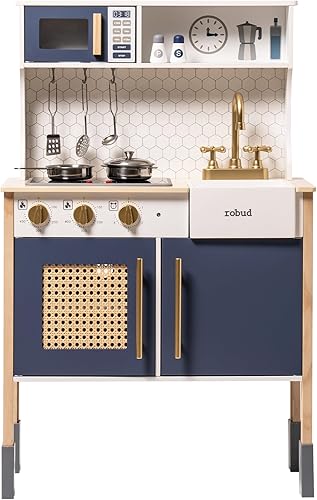ROBUD Juego de cocina, juego de cocina de madera para niños con sonidos y luces, juego de cocina de juego de simulación para niños pequeños, regalo