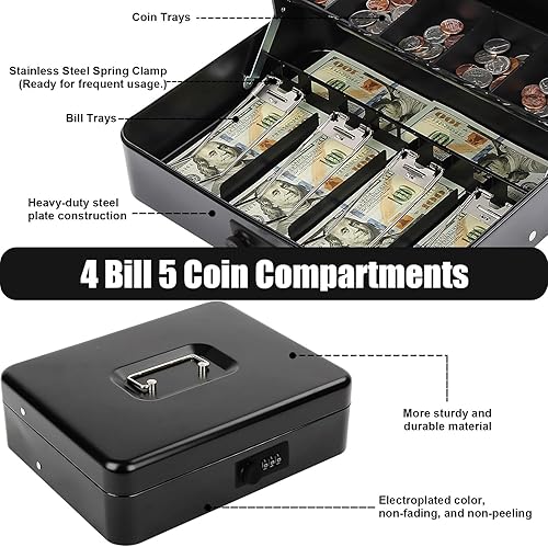 Miniatura 3 de Polspag Caja de efectivo con cerradura de combinación, caja de dinero de metal con bandeja para efectivo, cajas de efectivo portátiles de lujo, caja