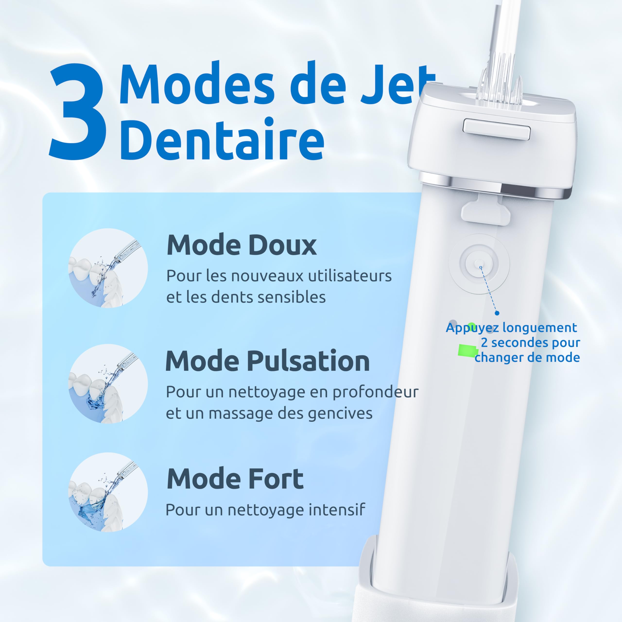 Mini Portable Hydropulseur Dentaire,Jet Dentaire de Voyage,Réservoir d'eau rétractable/IPX8 Étanche/3 Puissances Réglables Water Flosser,pour Voyage et Maison Soins Oral Irrigator