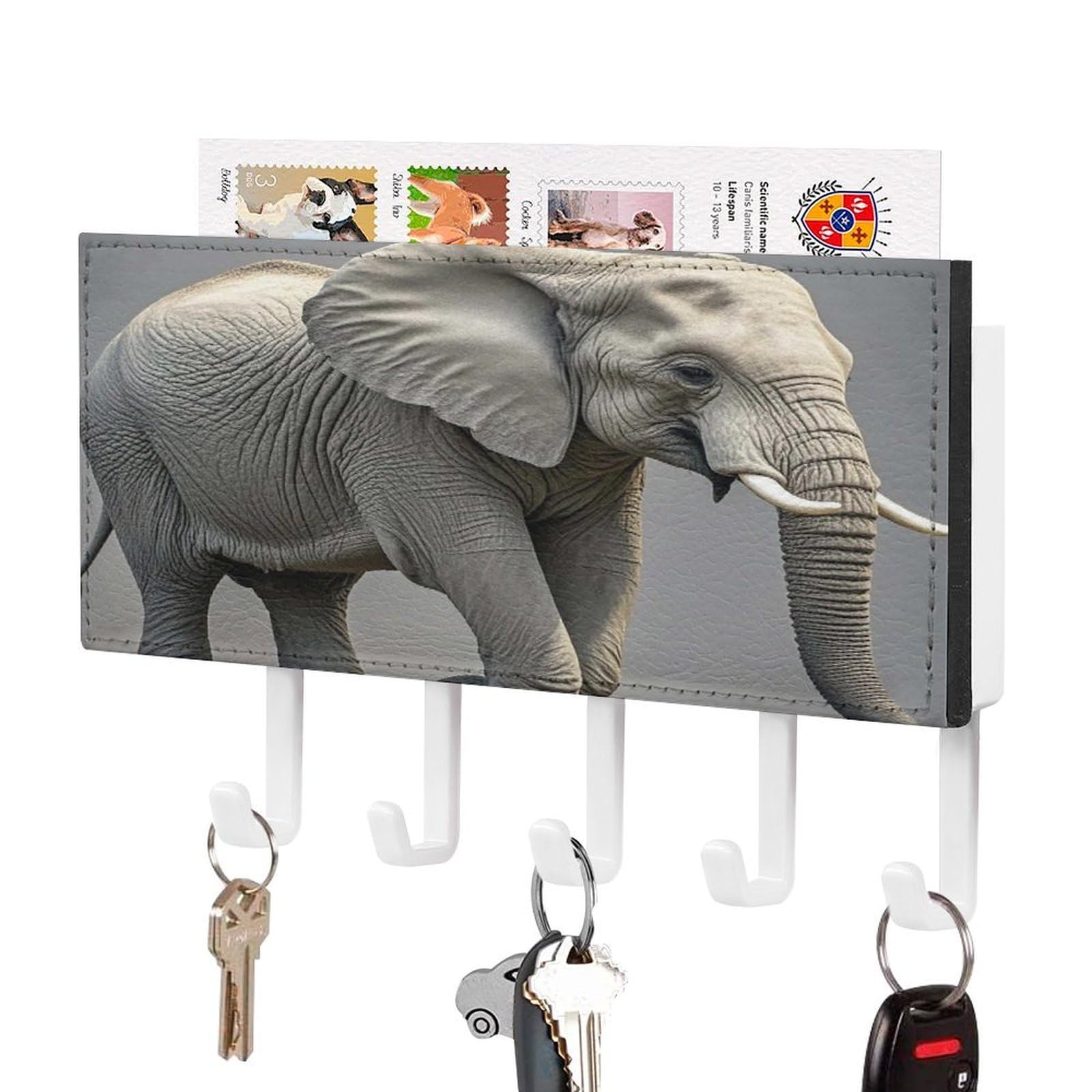 Fekiloot White-Style Elephant Key Holder Wall Mount Key Hanger With 5 Hooks Decorative Key Rack Hanging Key Hooks With Mail Organizer Key Holder For Wall Living Room Kitchen Bathroom Hallway White