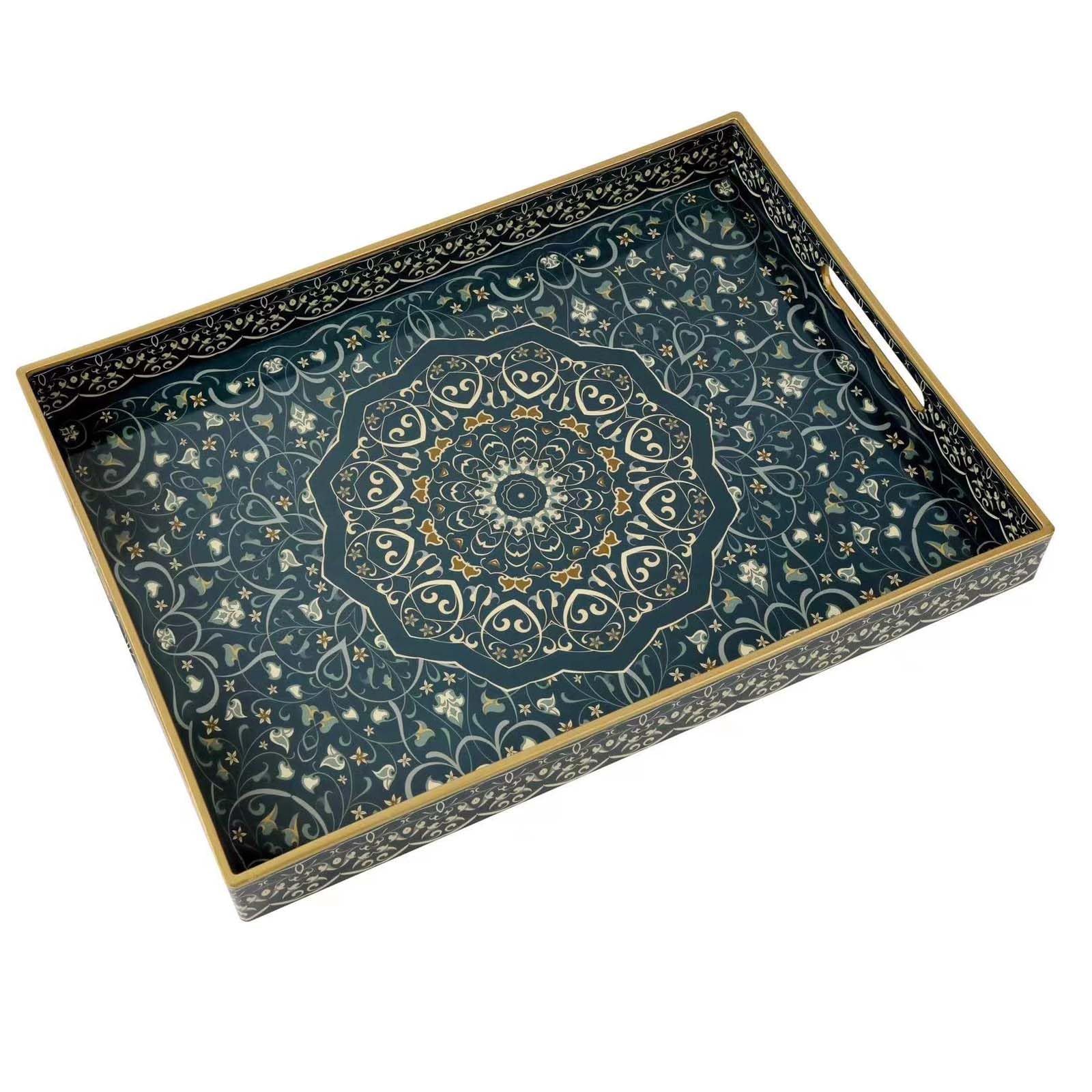 Photo 1 of Plastic Serving Tray with Handles,Large Serving Tray for Ottoman Coffee Table,Decorative Serving Tray for Living Room,Large Ottoman Tray Coffee Table Tray,Large Boho Serving Tray 16" x 12" Boho Dark Blue