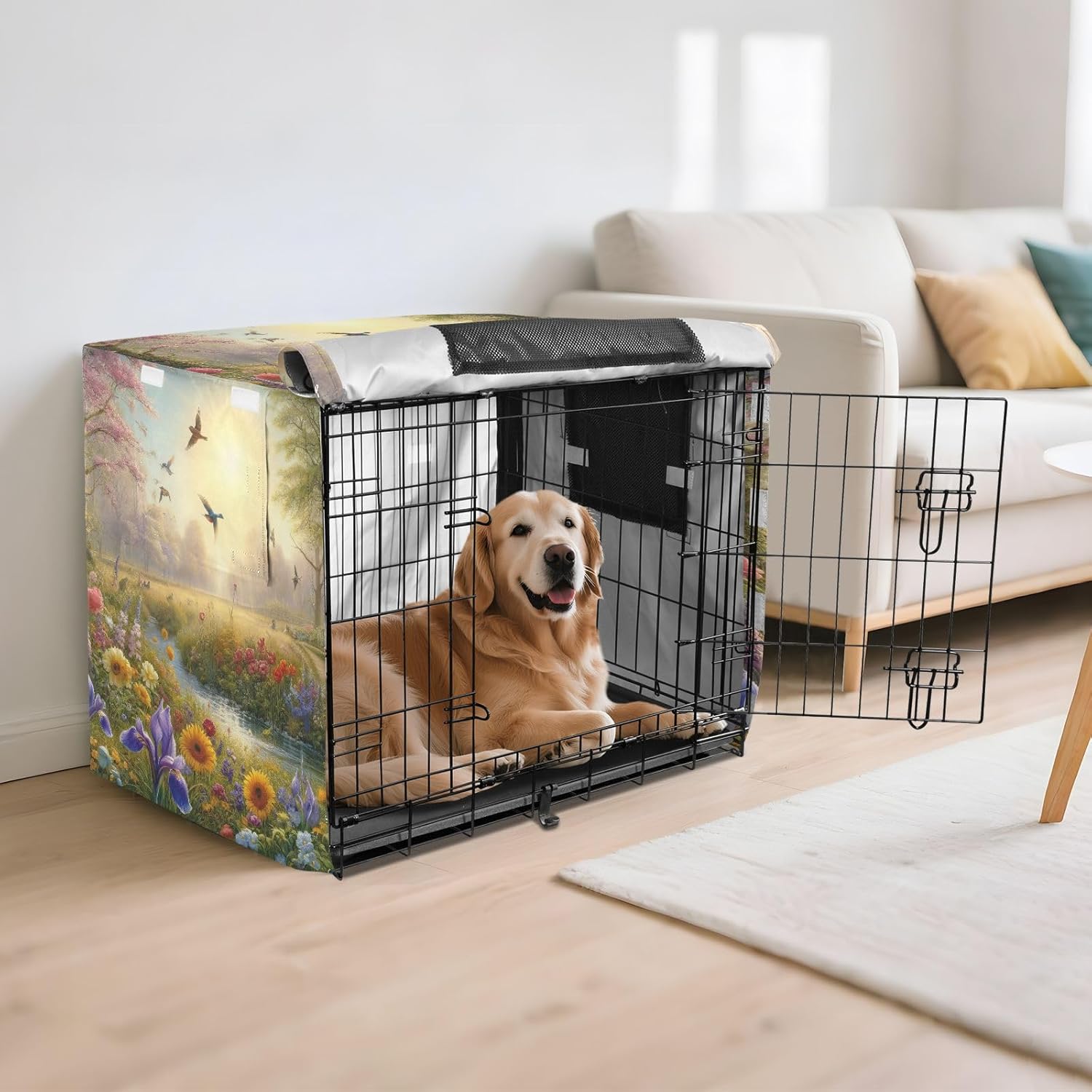 Summer Beautiful Flowers Dog Crate Cover Universal Size Fit, Pet Crate Cover with Roll-up Sides, X-Large