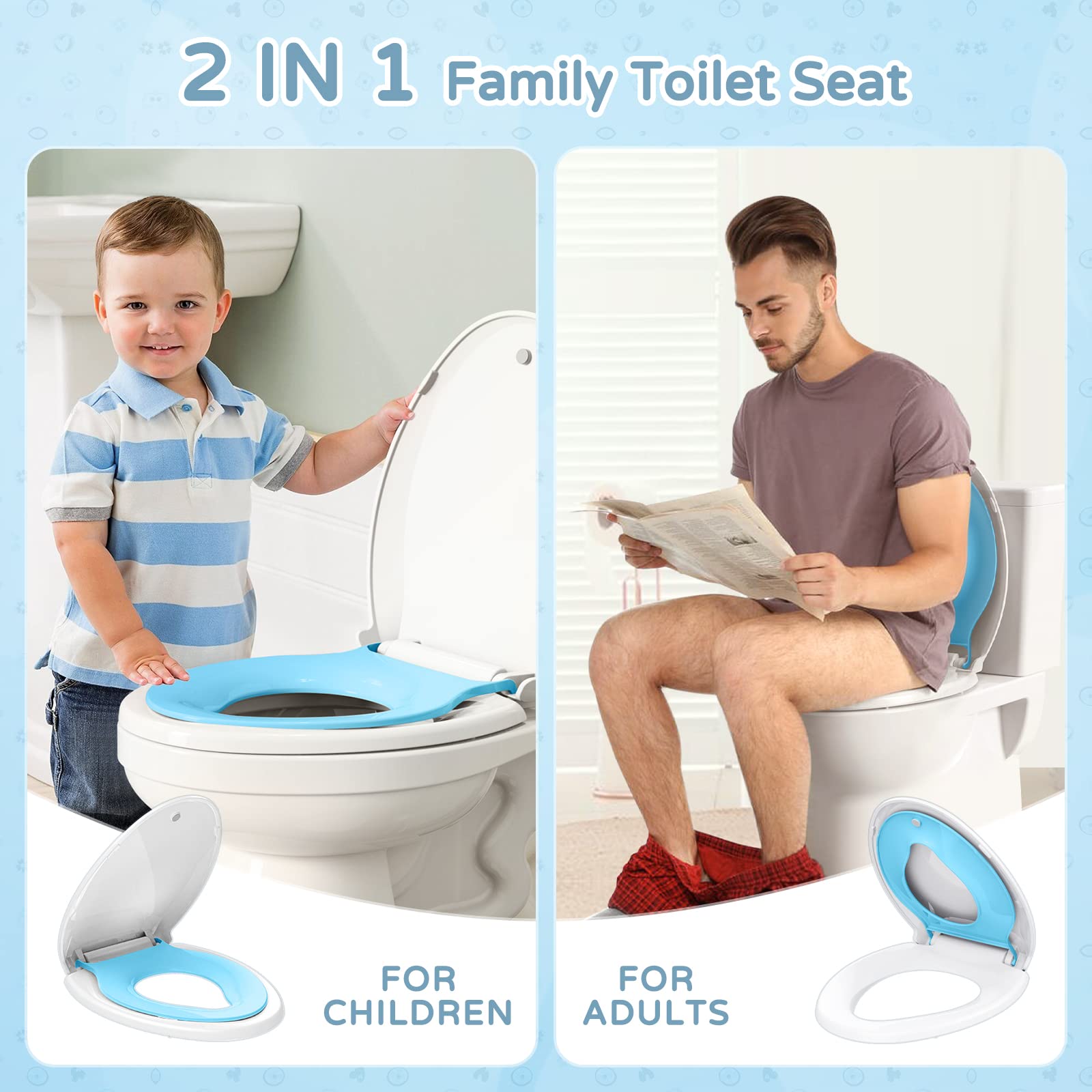 YASFEL Asiento de inodoro alargado con asiento de entrenamiento para ir al baño integrado, asiento de inodoro 2 en 1 para niños de cierre suave, asiento de inodoro ovalado de plástico blanco, diseño