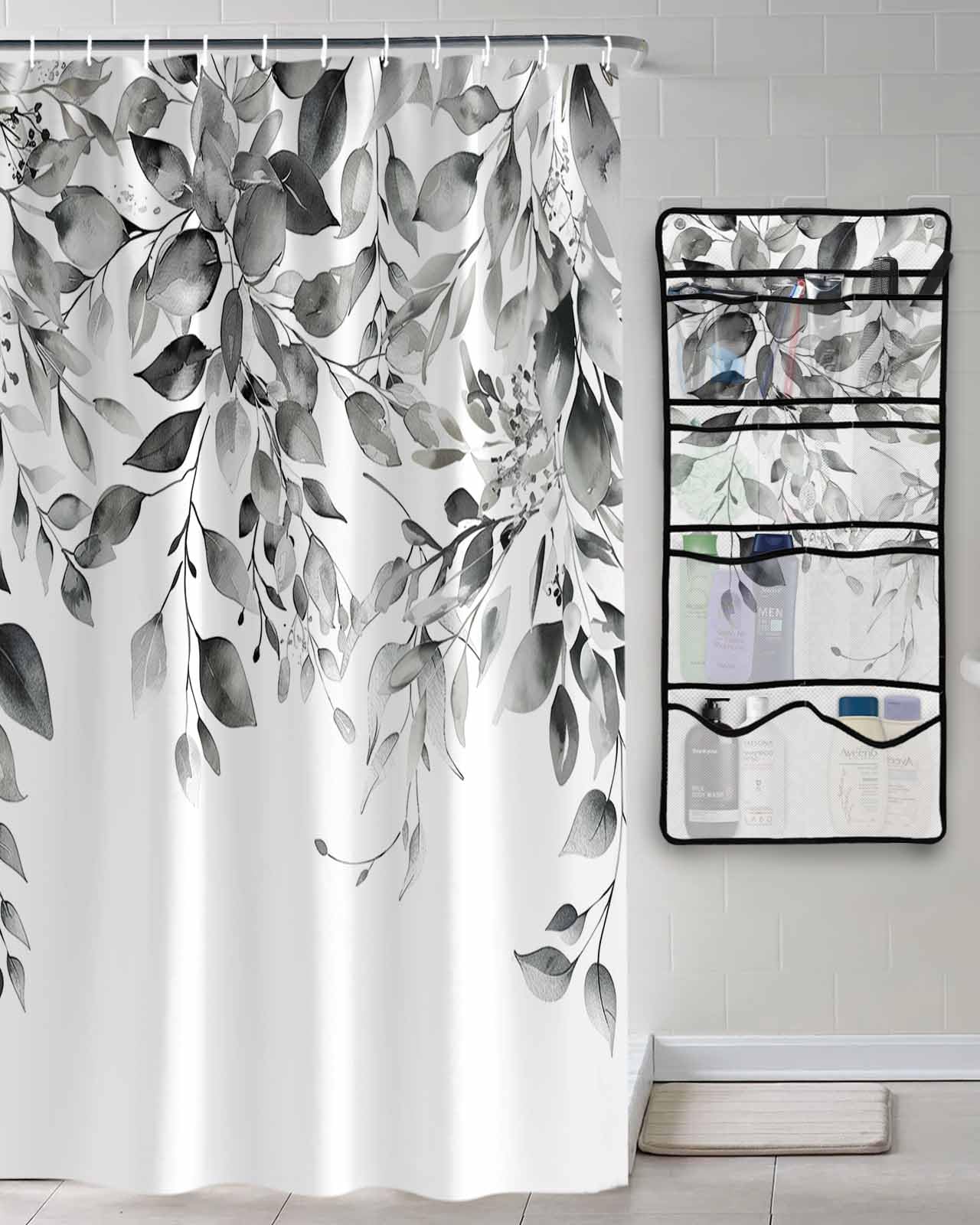 Decorative Shower Curtain Sets Eucalyptus Leaves Gray Polyester Fabric Waterproof Bath Shower Curtains Farmhouse Leaf Grey White Mesh