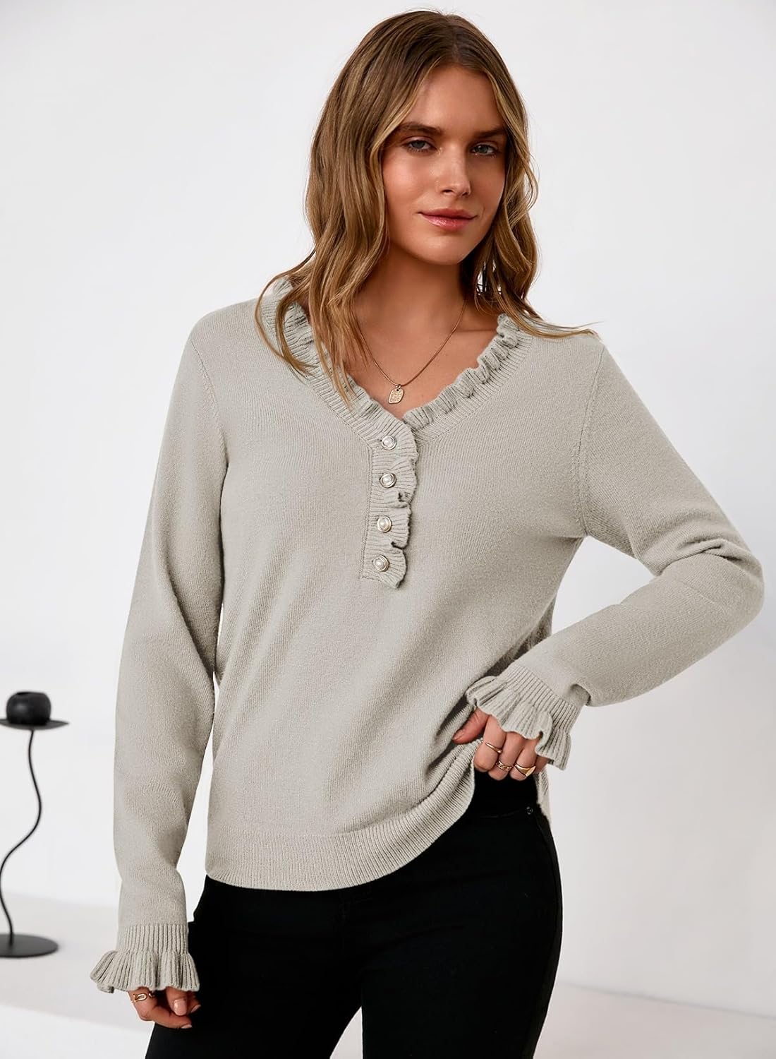 Pink Queen Women's V Neck Sweater Button Down Ruffle Trim Knitted Pullover Jumper Tops - Image 2