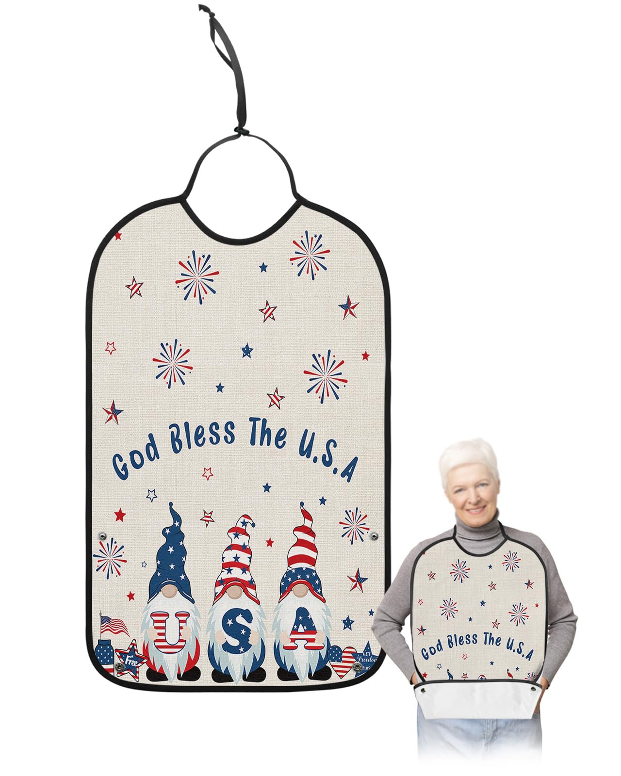 Kewadony Adult Bibs for Elderly Women - 4th of July USA Gnomes Waterproof Dining Clothing Protectors with Crumb Catcher for Eating/Feeding, Independence Day American Flag Terry Cloth Bib Washable