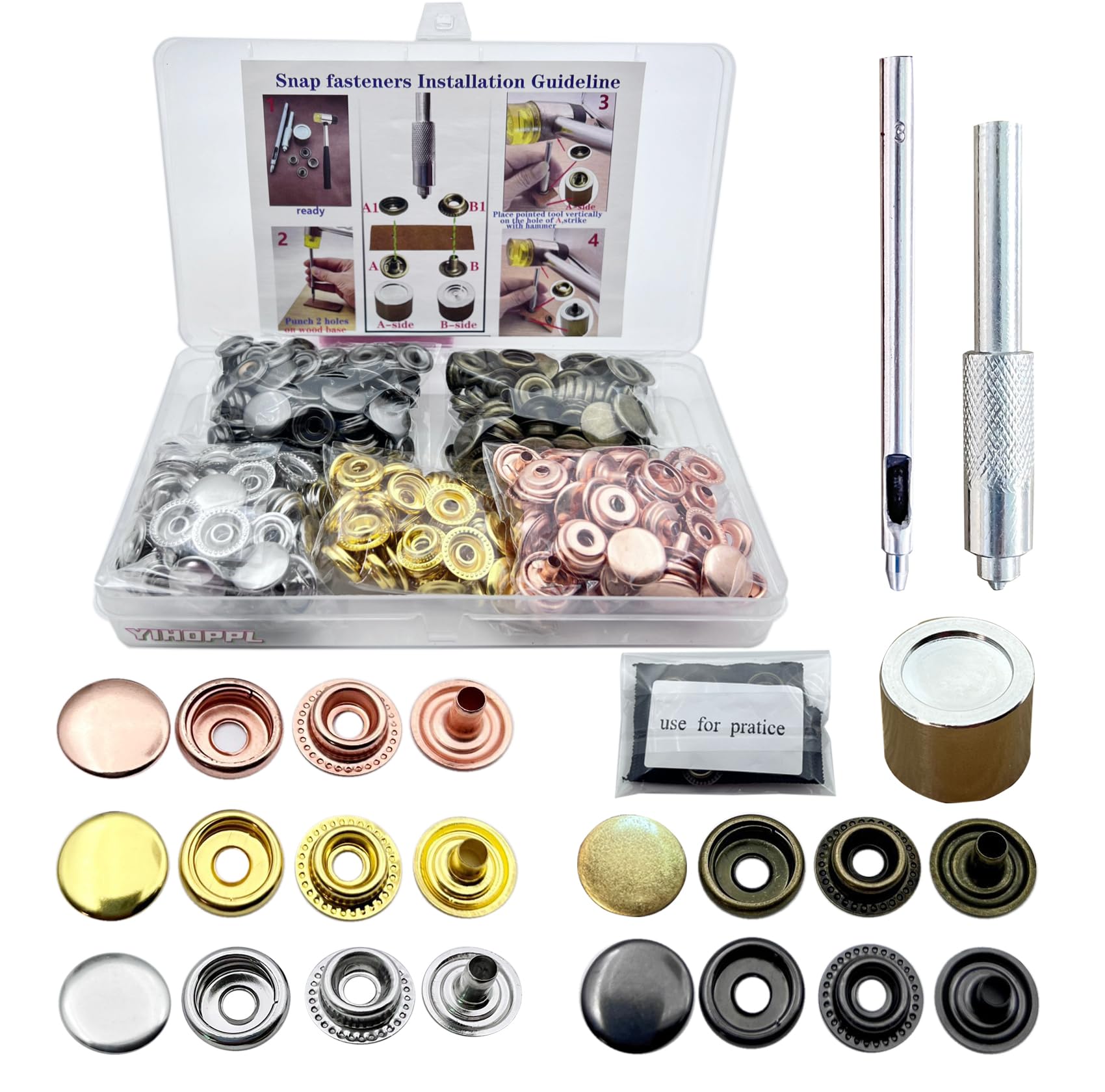 Leather snap Fasteners kit Brass Heavy Duty(15MM 100Set 5Color) with Sharp Hole Punch Cutter and Standard Install Tool、Practice Operations Webbing for Clothes、Jackets、Jeans Wears Bags (Mixed Color 1)