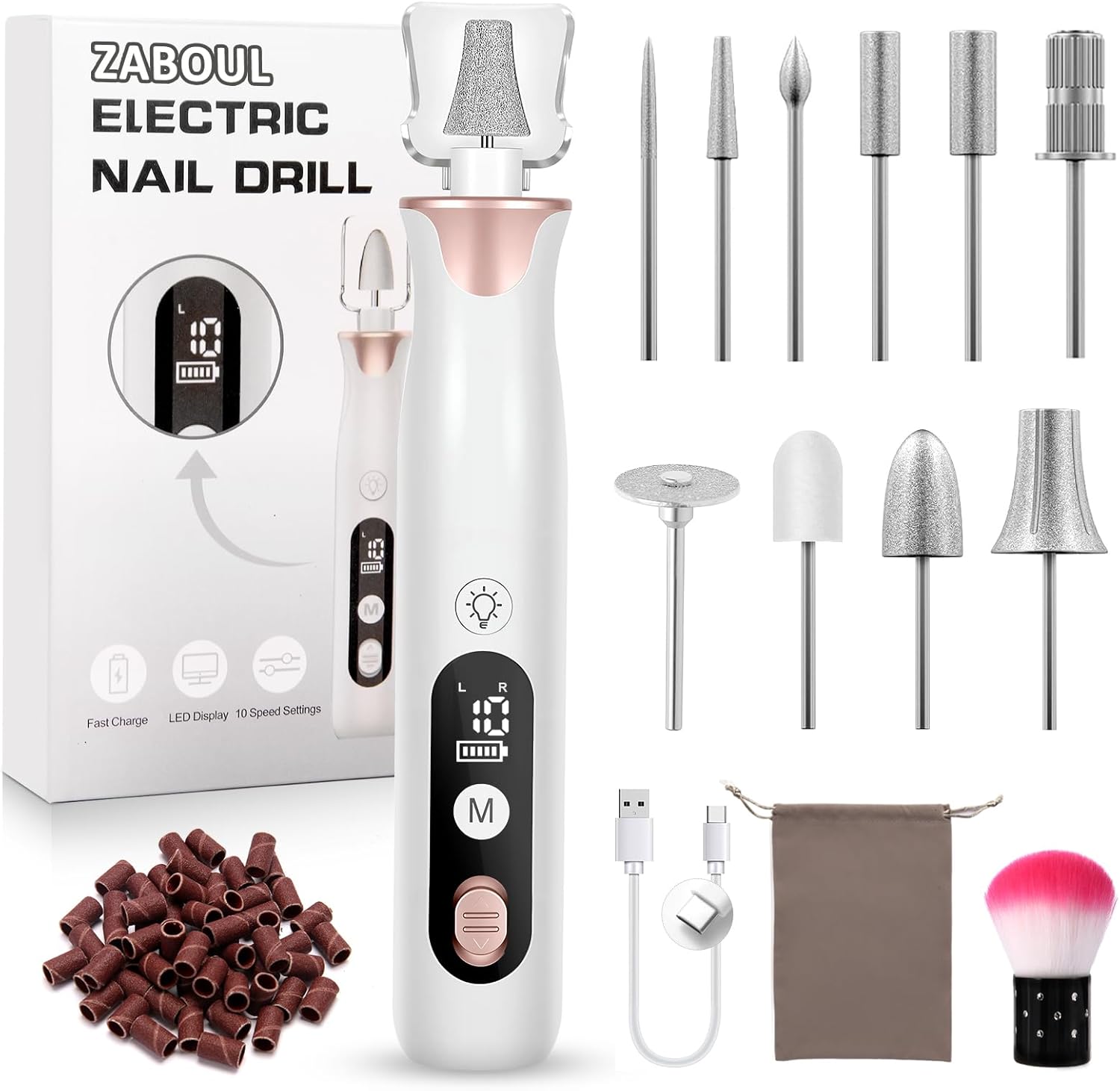 ZABOUL Electric Nail Drill Kit Cordless Professional Manicure Pedicure Nail File Buffer for Acrylic Nails Gel Polishing Removing Manicure Salon Home with Nail Drill Bits Sanding Bands