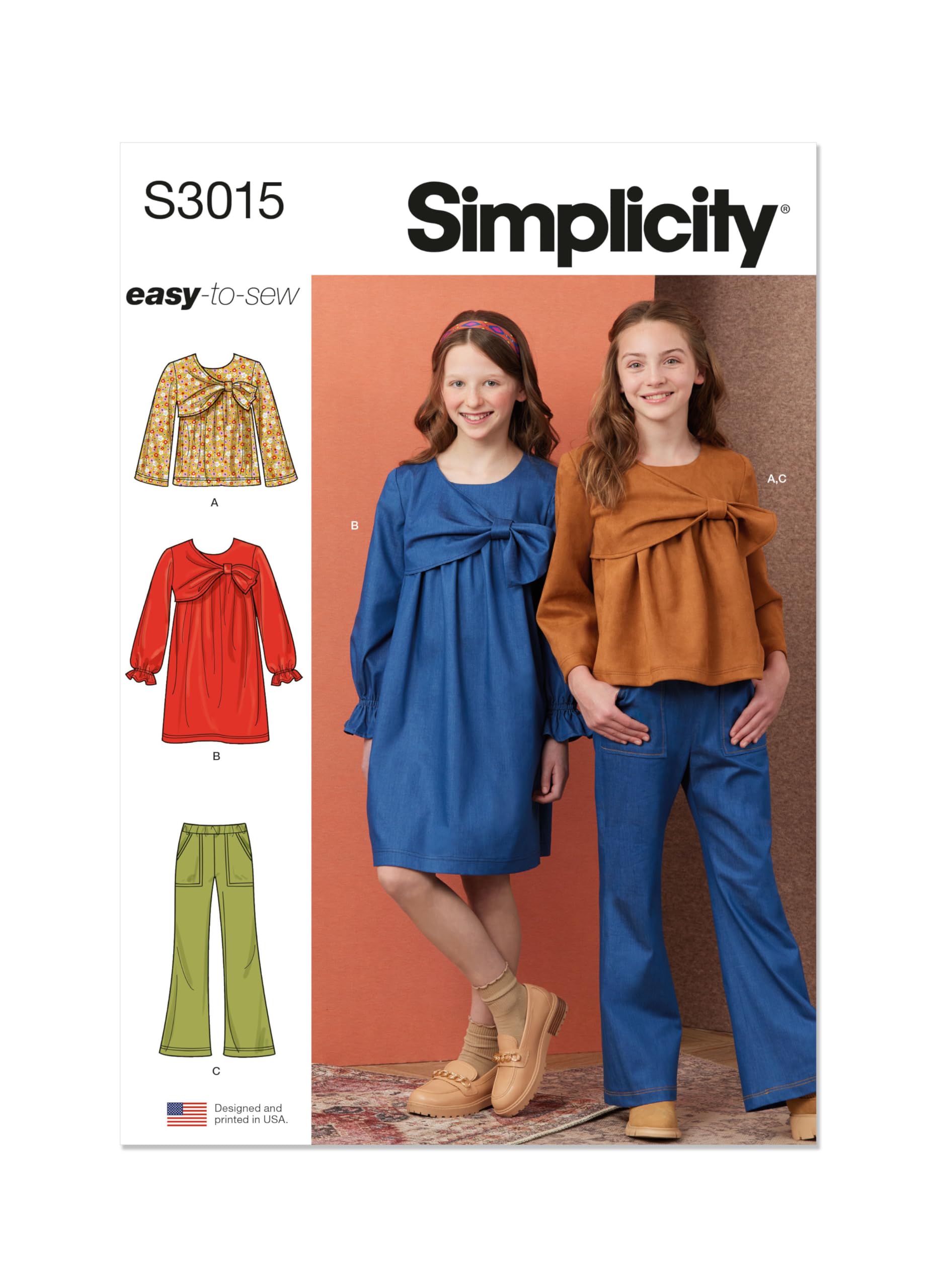 Patrons de couture pour fille Simplicity SS3015A hauts robes et pantalons taille A